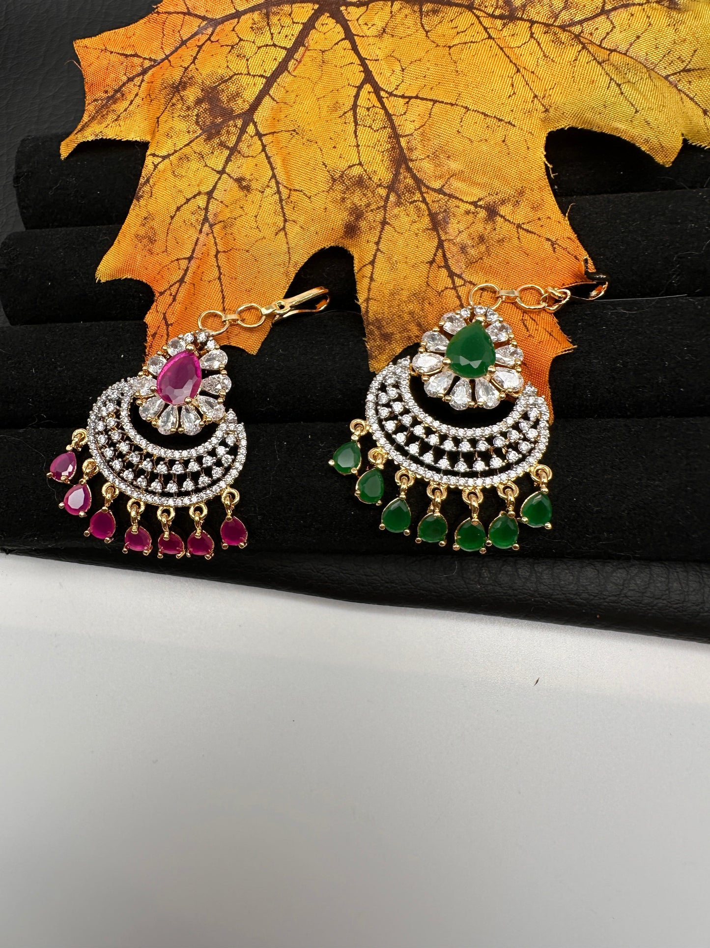 Diamond Finish Color Stone Maangteeka - Red