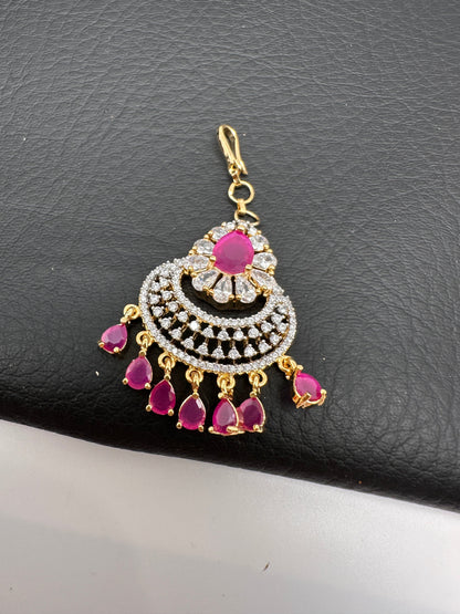 Diamond Finish Color Stone Maangteeka - Red