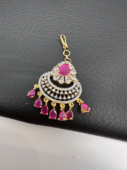 Diamond Finish Color Stone Maangteeka - Red