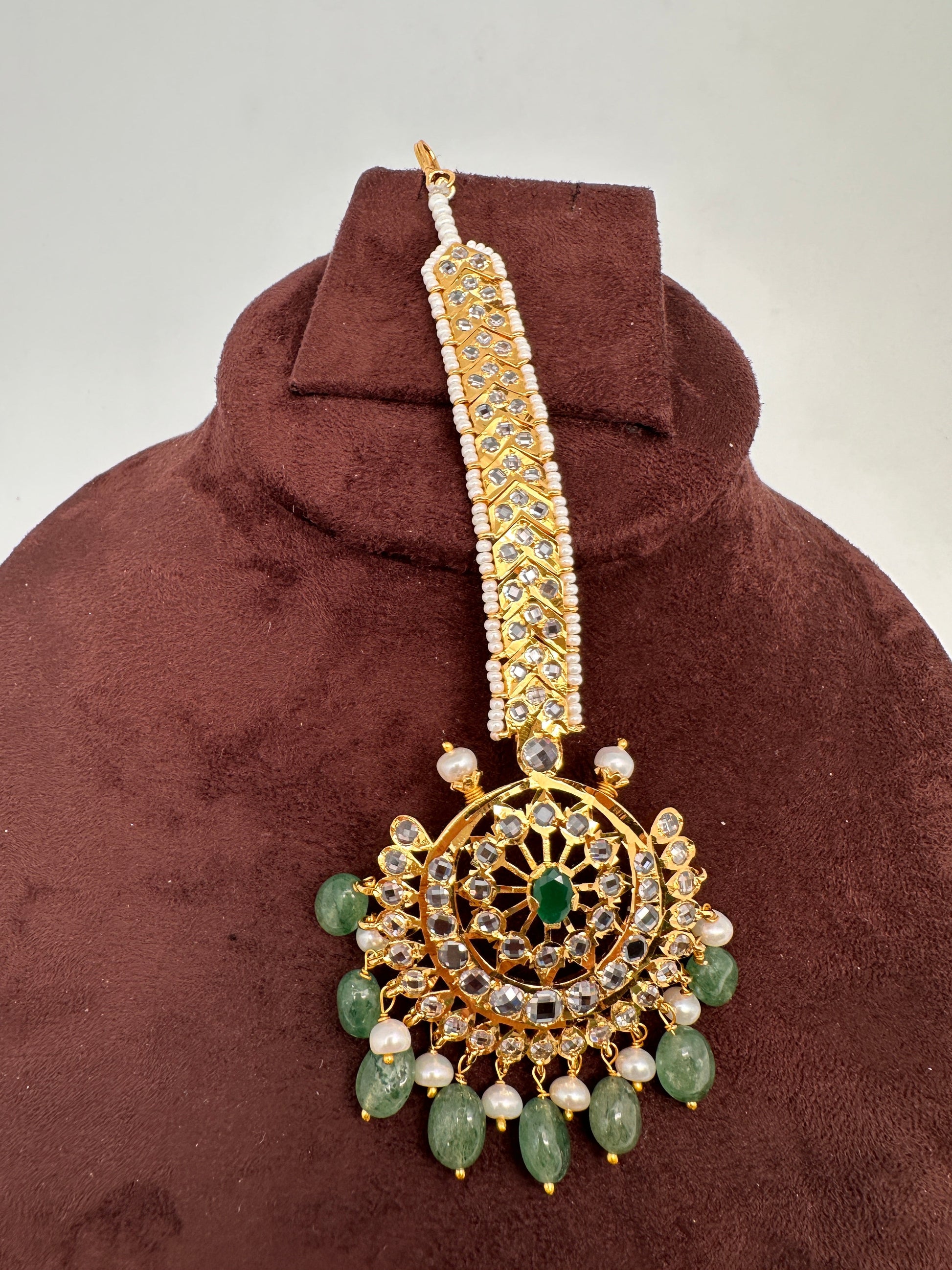 Polki 6 Carat gold plated Pearl Mang Tika - Green