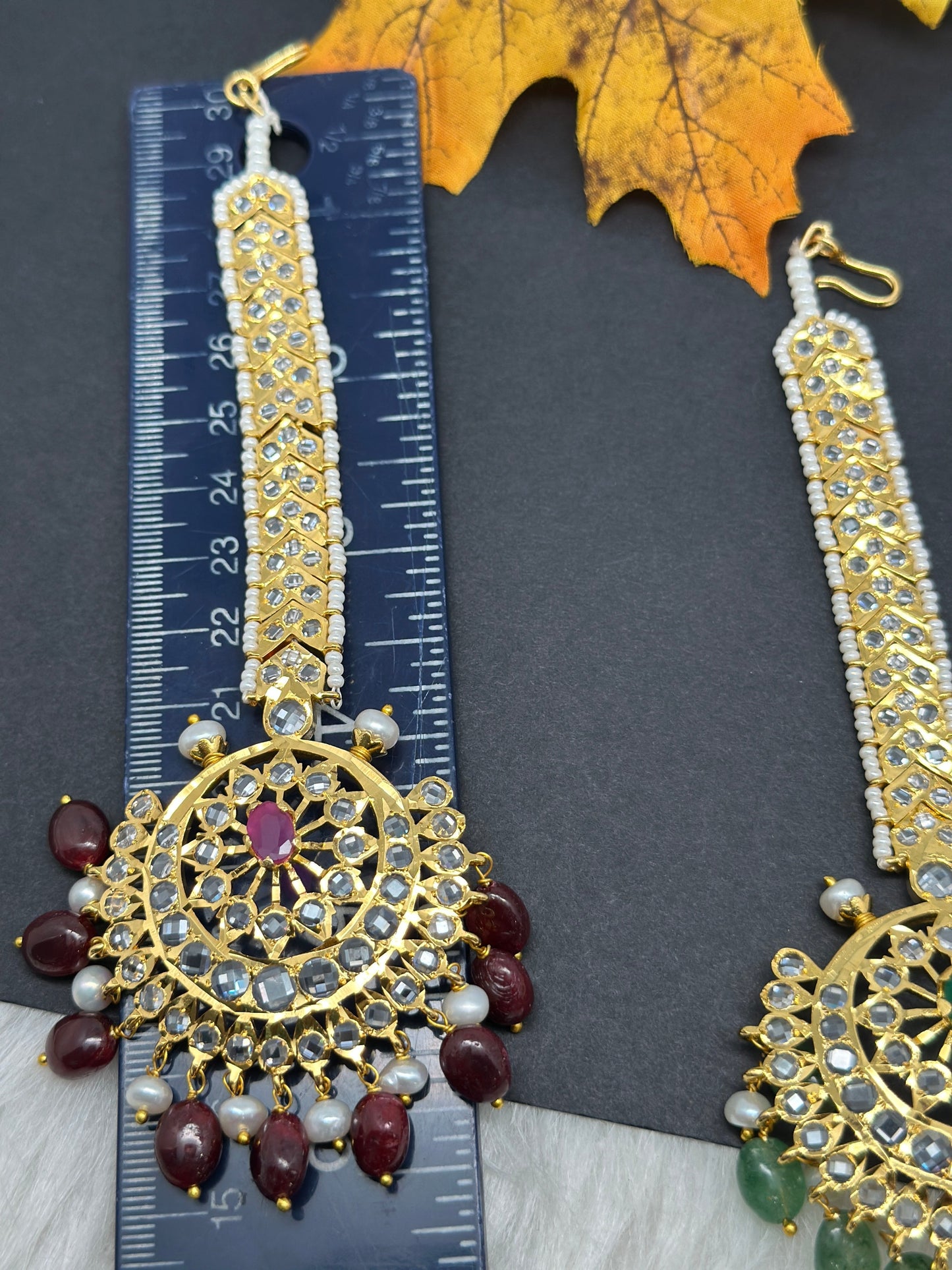 Polki 6 Carat gold plated Pearl Mang Tika - Green
