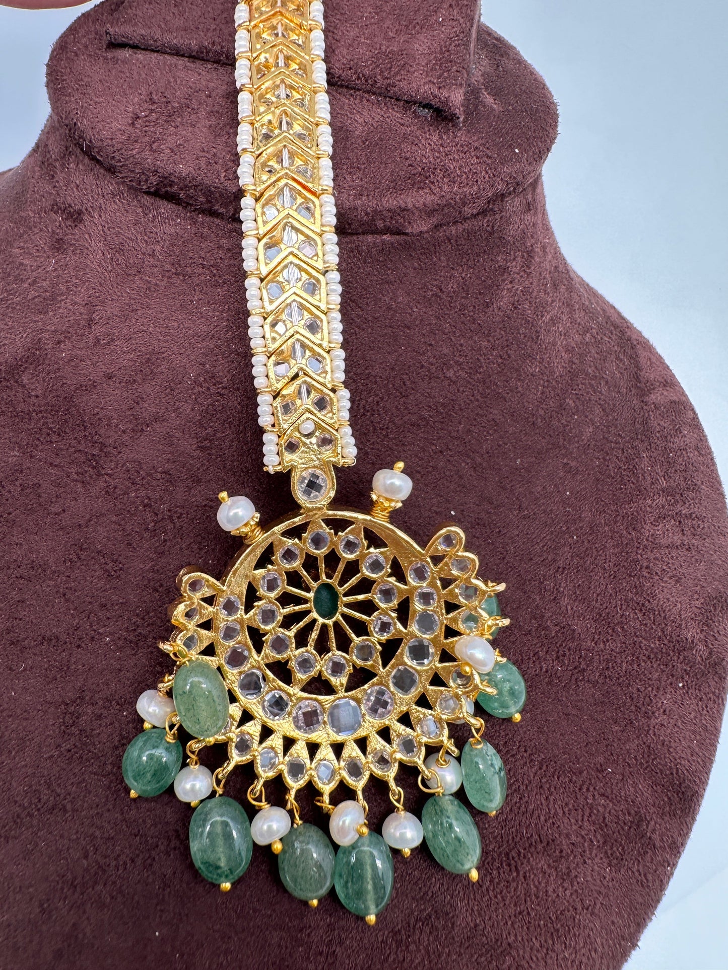 Polki 6 Carat gold plated Pearl Mang Tika - Green