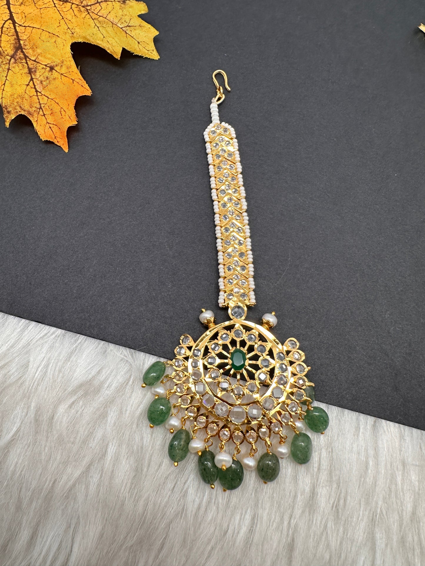 Polki 6 Carat gold plated Pearl Mang Tika - Green