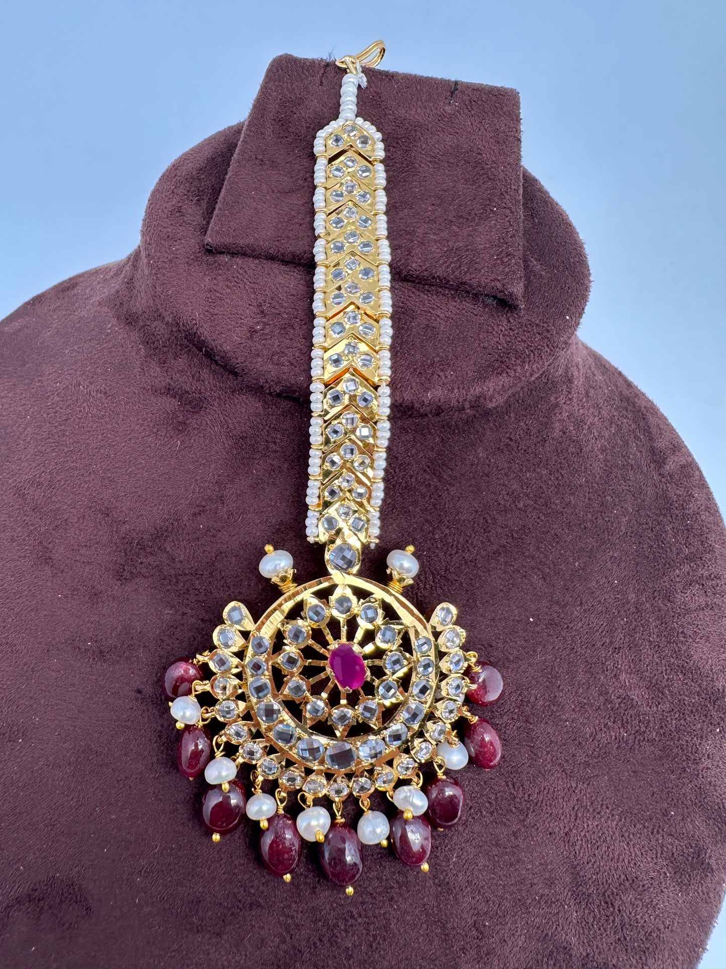 Polki 6 Carat gold plated Pearl Mang Tika - Red