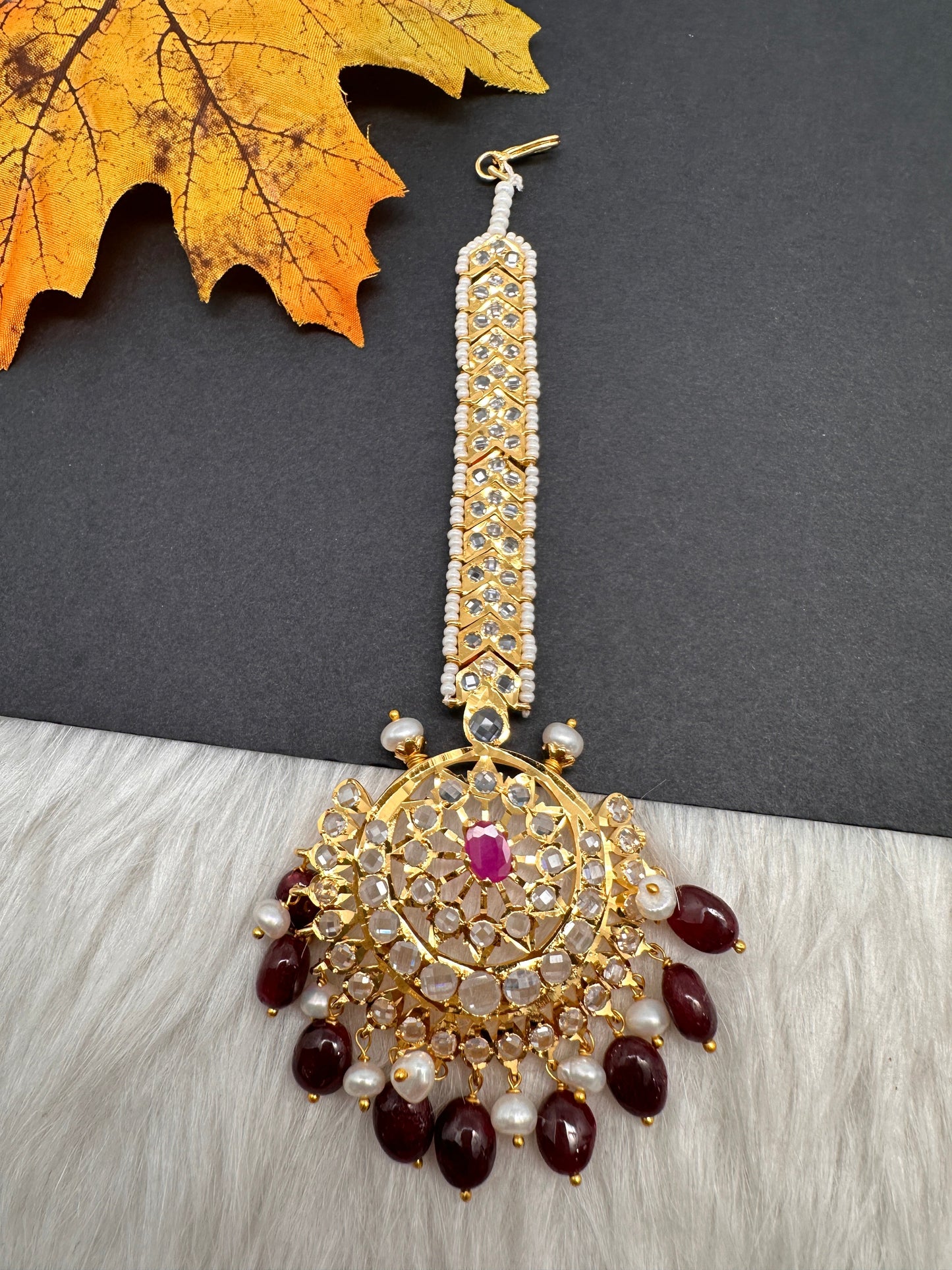 Polki 6 Carat gold plated Pearl Mang Tika - Red