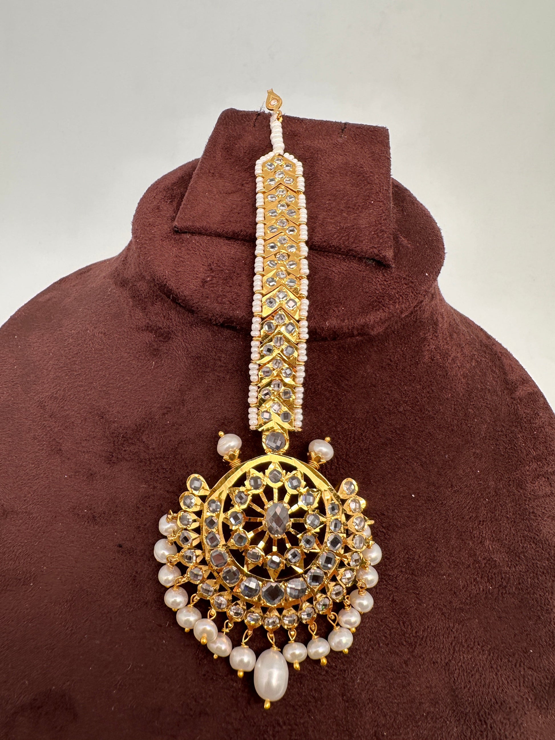 Polki 6 Carat gold plated Pearl Mang Tika - White