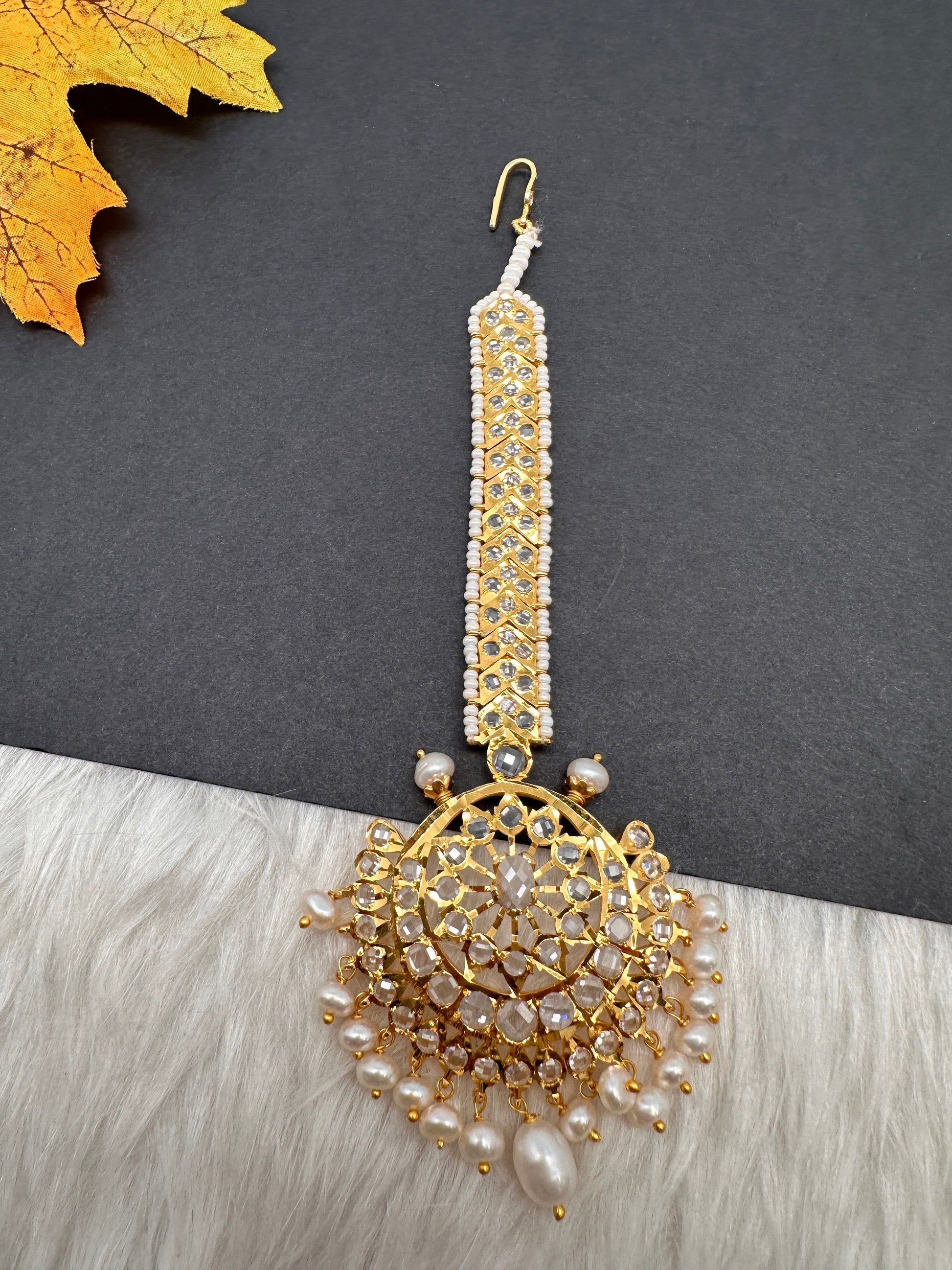 Polki 6 Carat gold plated Pearl Mang Tika - White