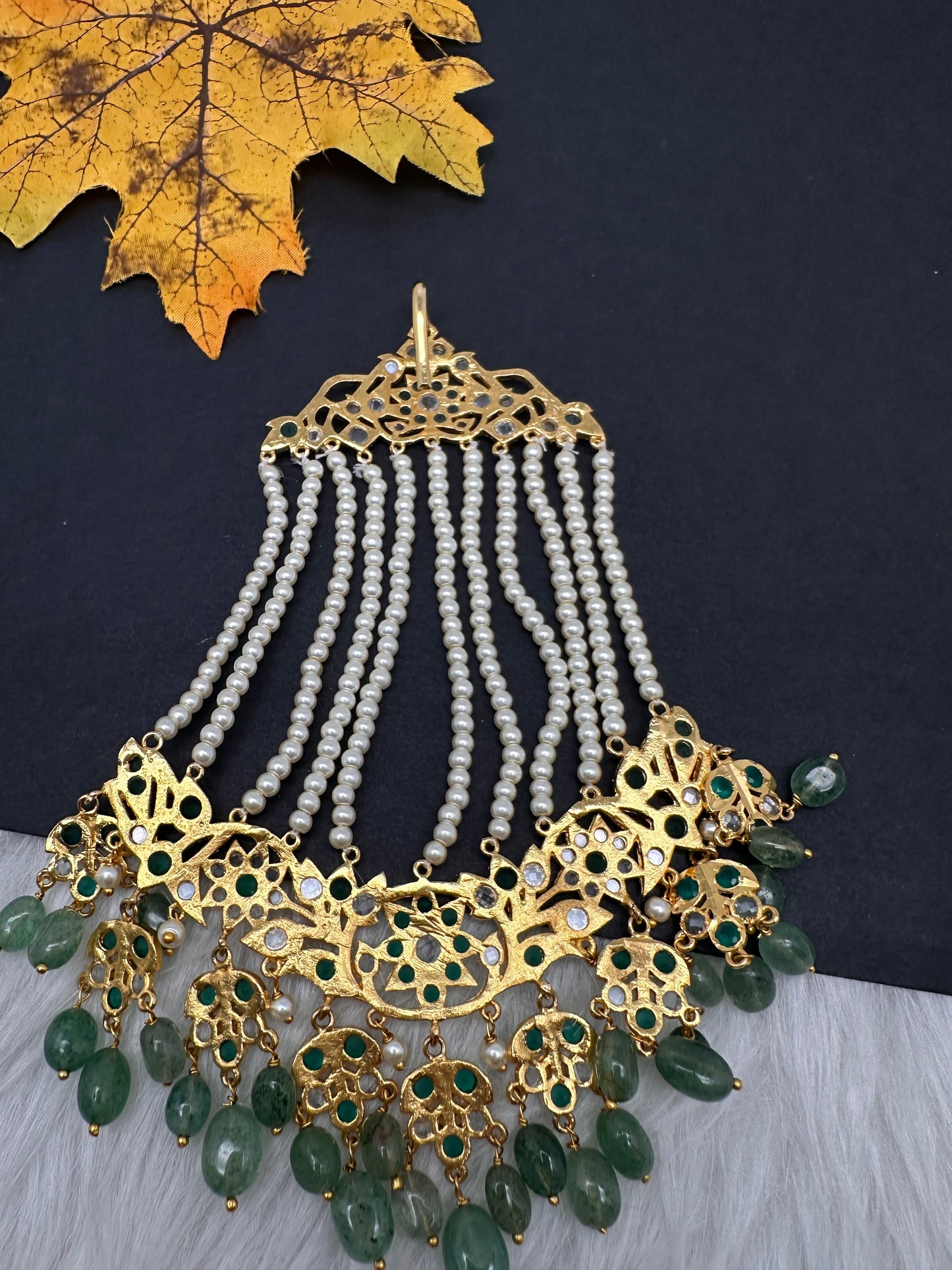 6 Carat Gold Plated Hyderabadi Jadau Emerald Pearls Golden Jhoomar