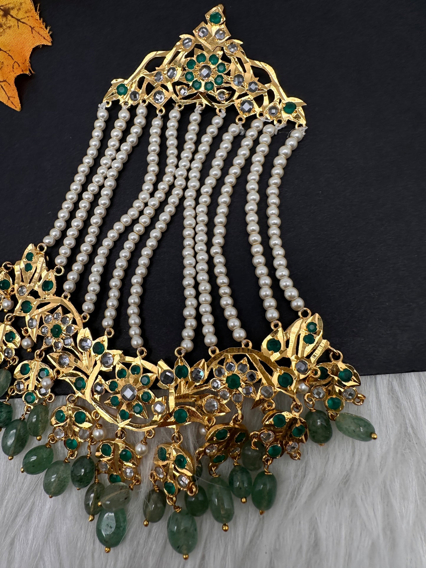 6 Carat Gold Plated Hyderabadi Jadau Emerald Pearls Golden Jhoomar
