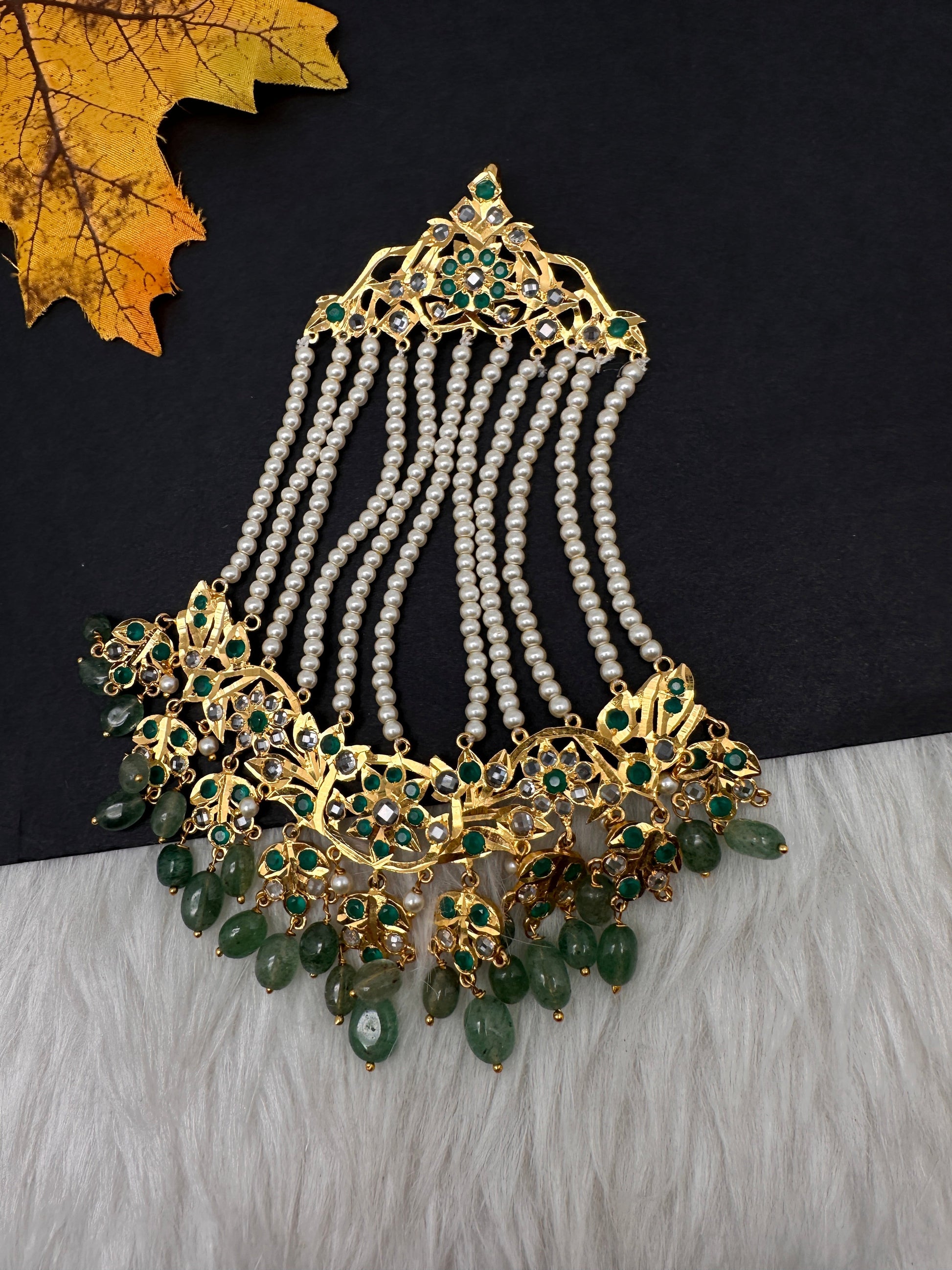 6 Carat Gold Plated Hyderabadi Jadau Emerald Pearls Golden Jhoomar