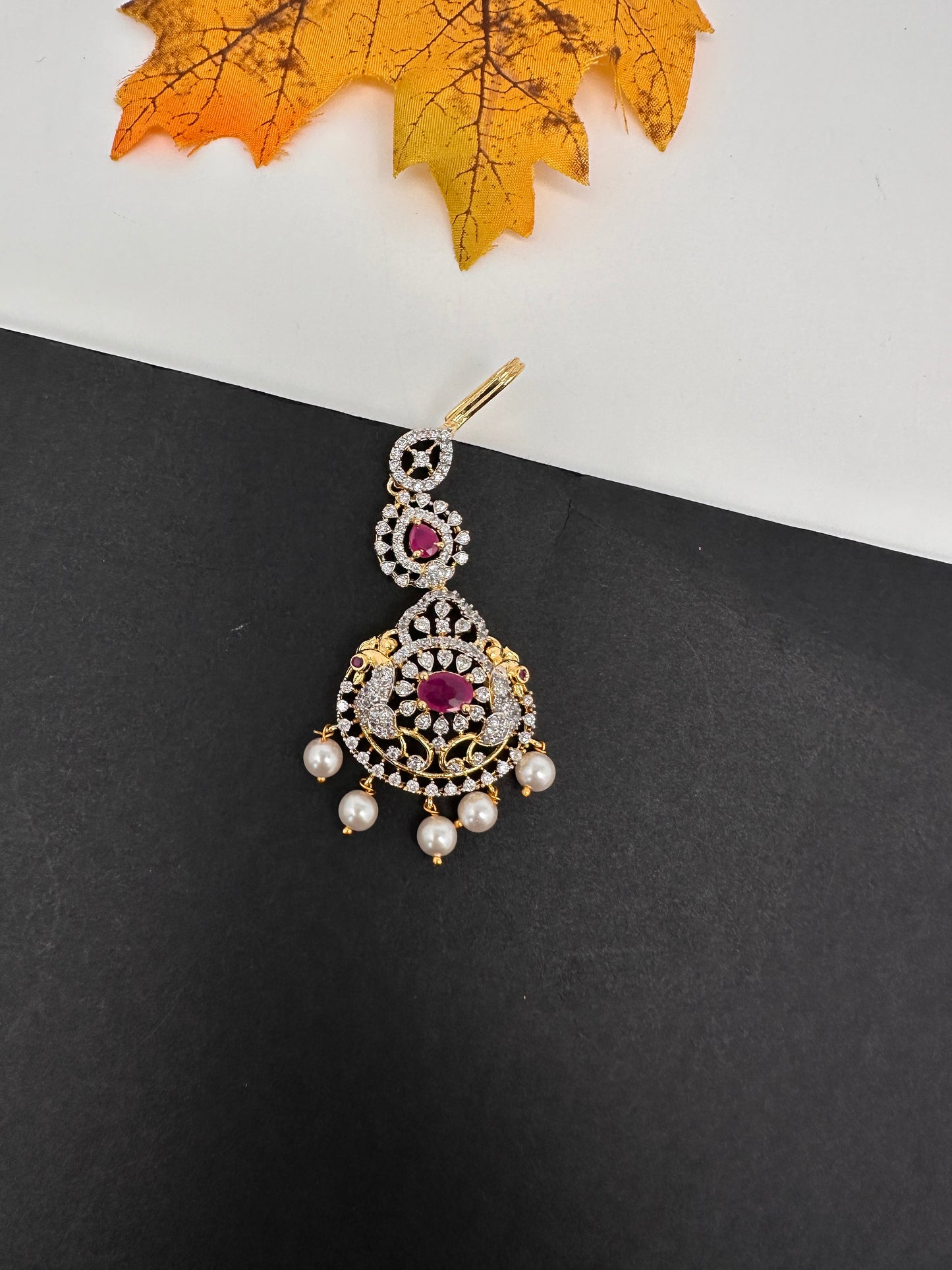 Diamond Finish Color Stone Maangteeka - Red