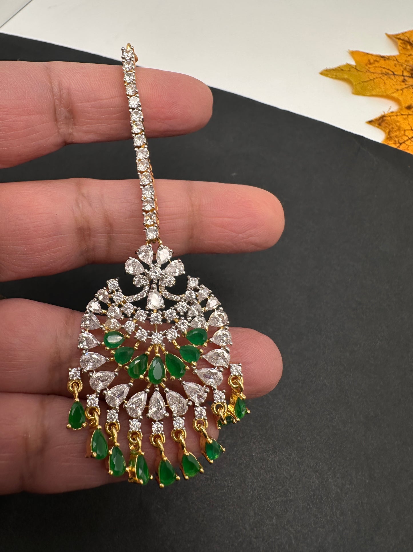 Diamond Finish Color Stone Maangteeka - Green