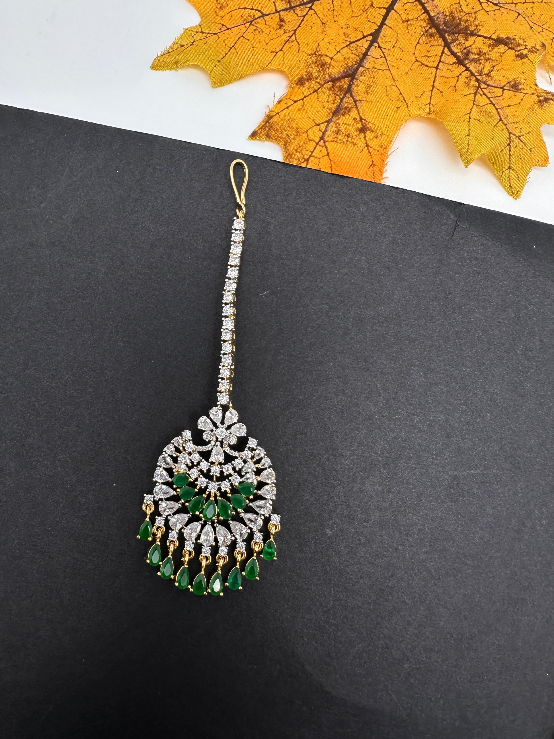 Diamond Finish Color Stone Maangteeka - Green