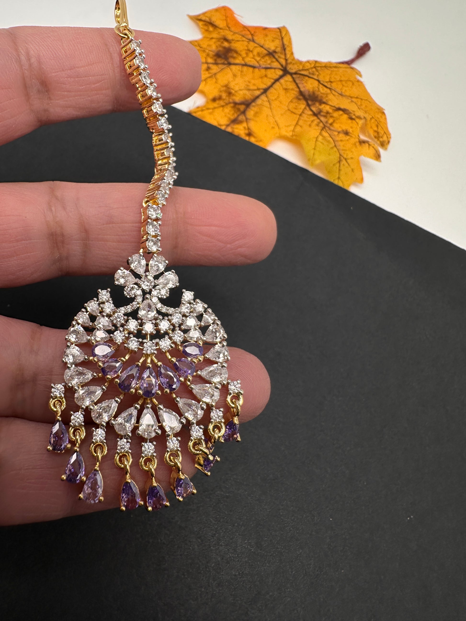 Diamond Finish Color Stone Maangteeka - Purple