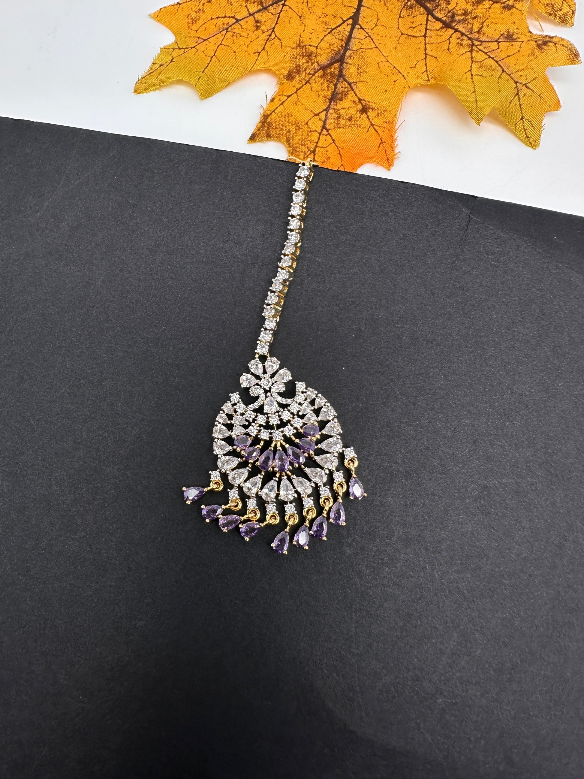 Diamond Finish Color Stone Maangteeka - Purple