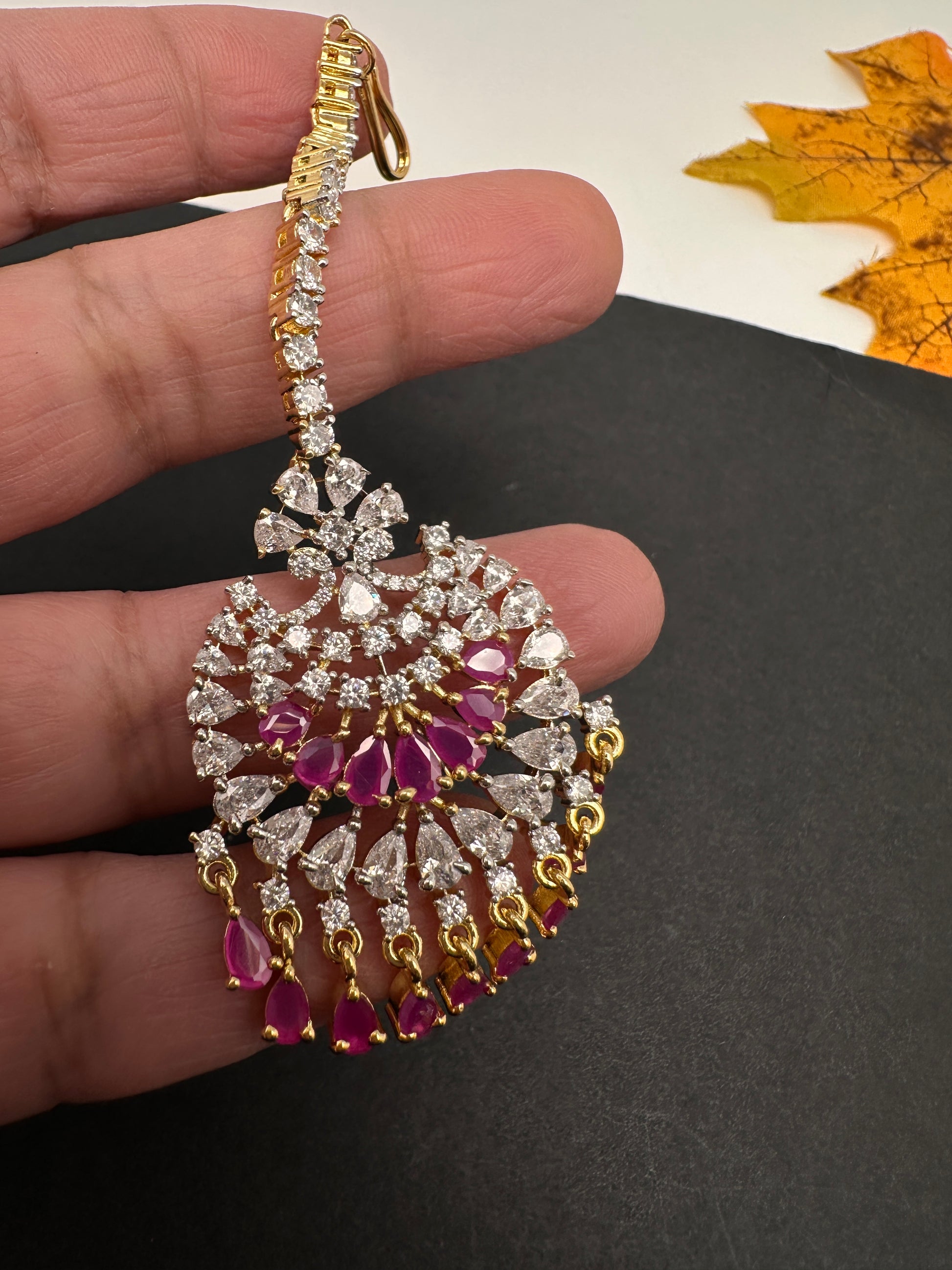 Diamond Finish Color Stone Maangteeka - Red