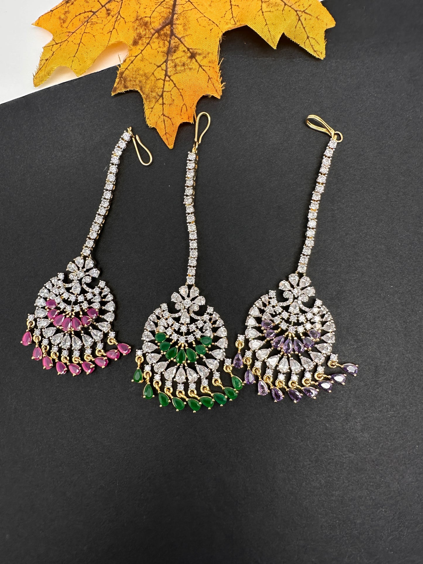 Diamond Finish Color Stone Maangteeka - Red