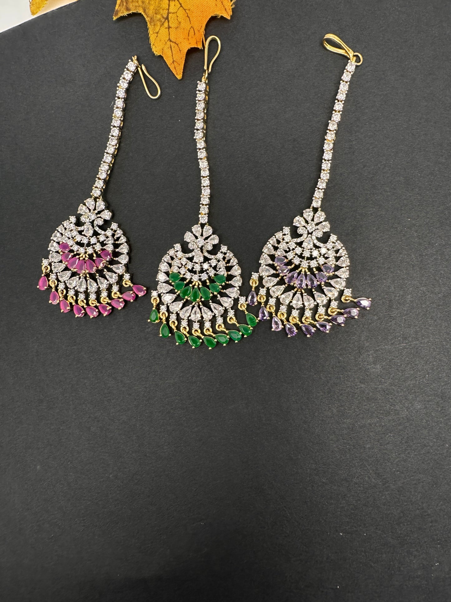 Diamond Finish Color Stone Maangteeka - Red