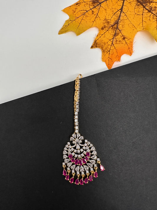 Diamond Finish Color Stone Maangteeka - Red
