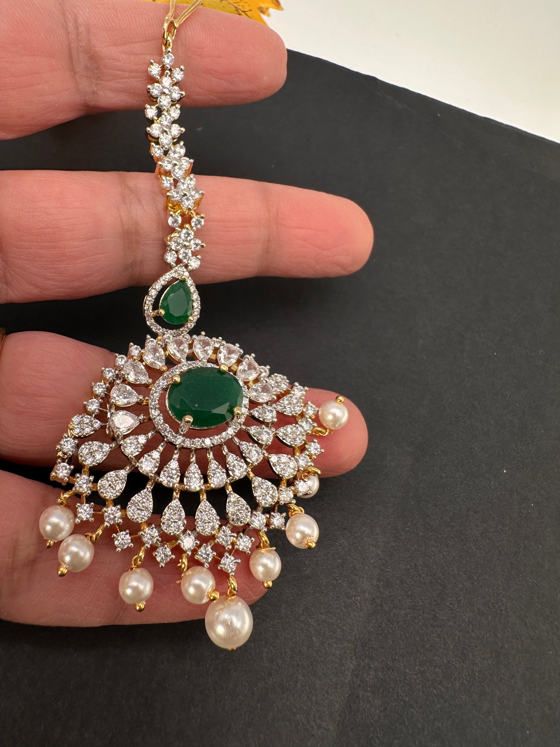 Emerald Green Diamond Finish  Maang tikka - 