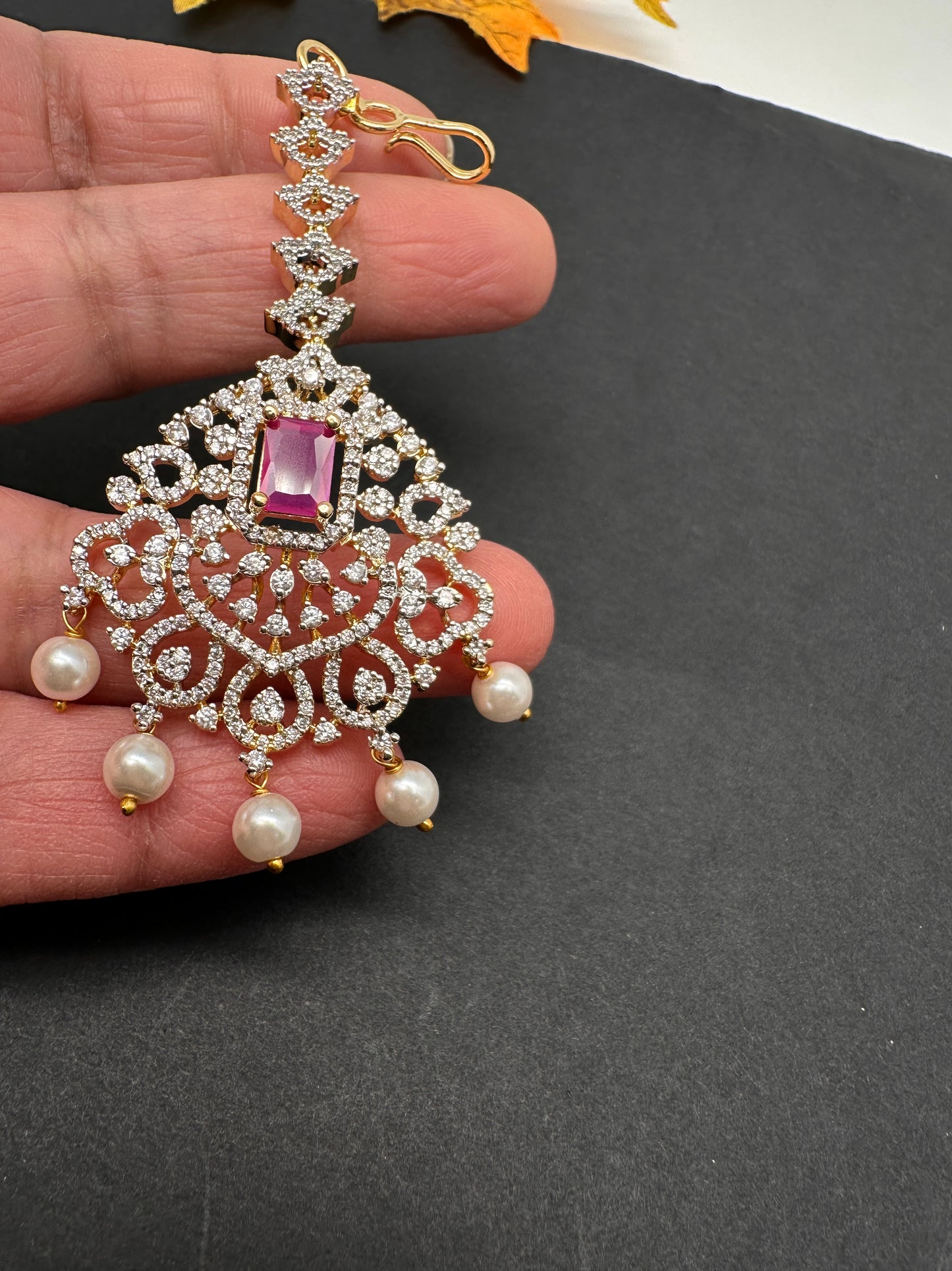 Diamond Finish Color Stone Maangteeka - Red