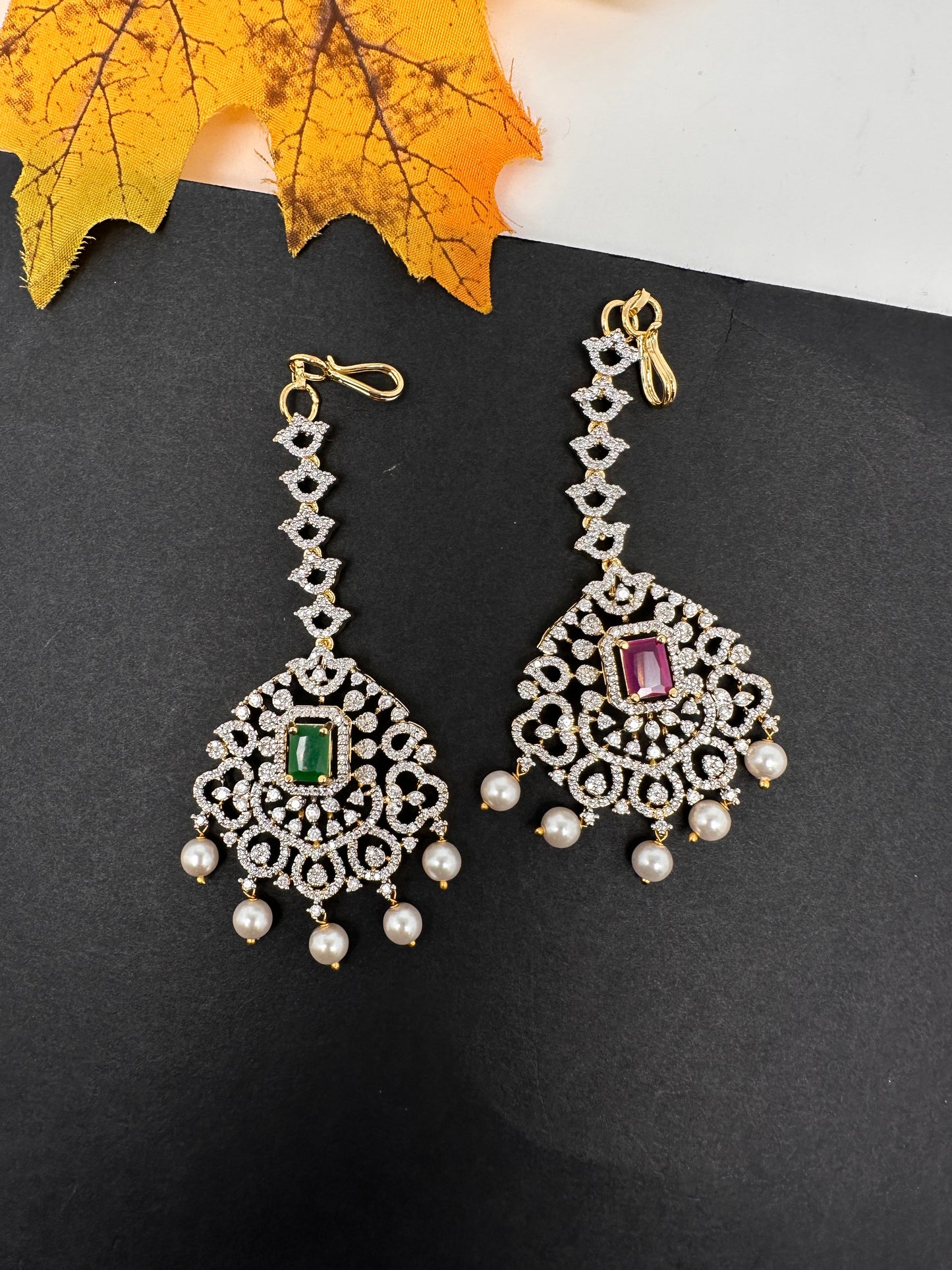 Diamond Finish Color Stone Maangteeka - Red