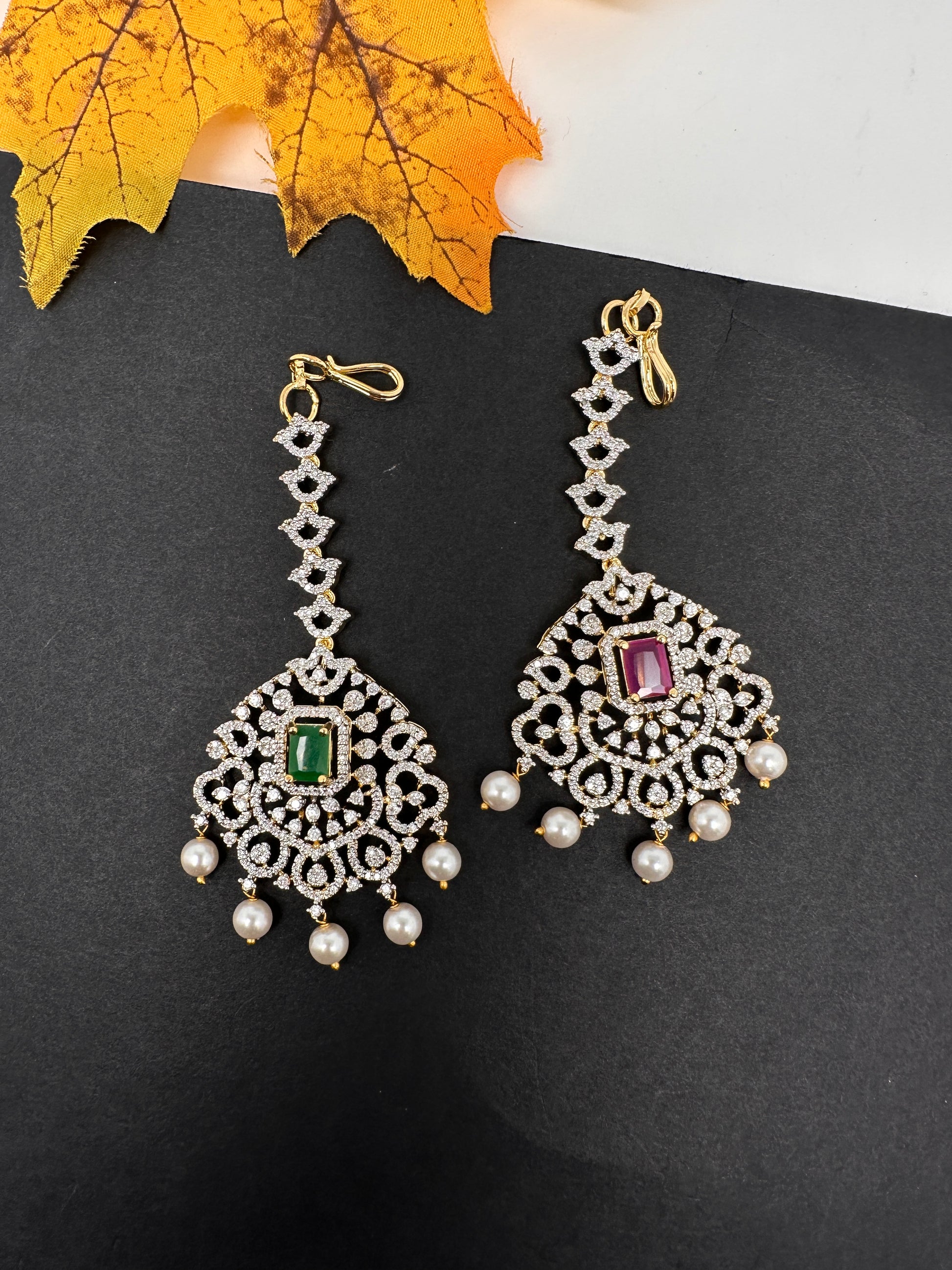 Diamond Finish Color Stone Maangteeka - Red