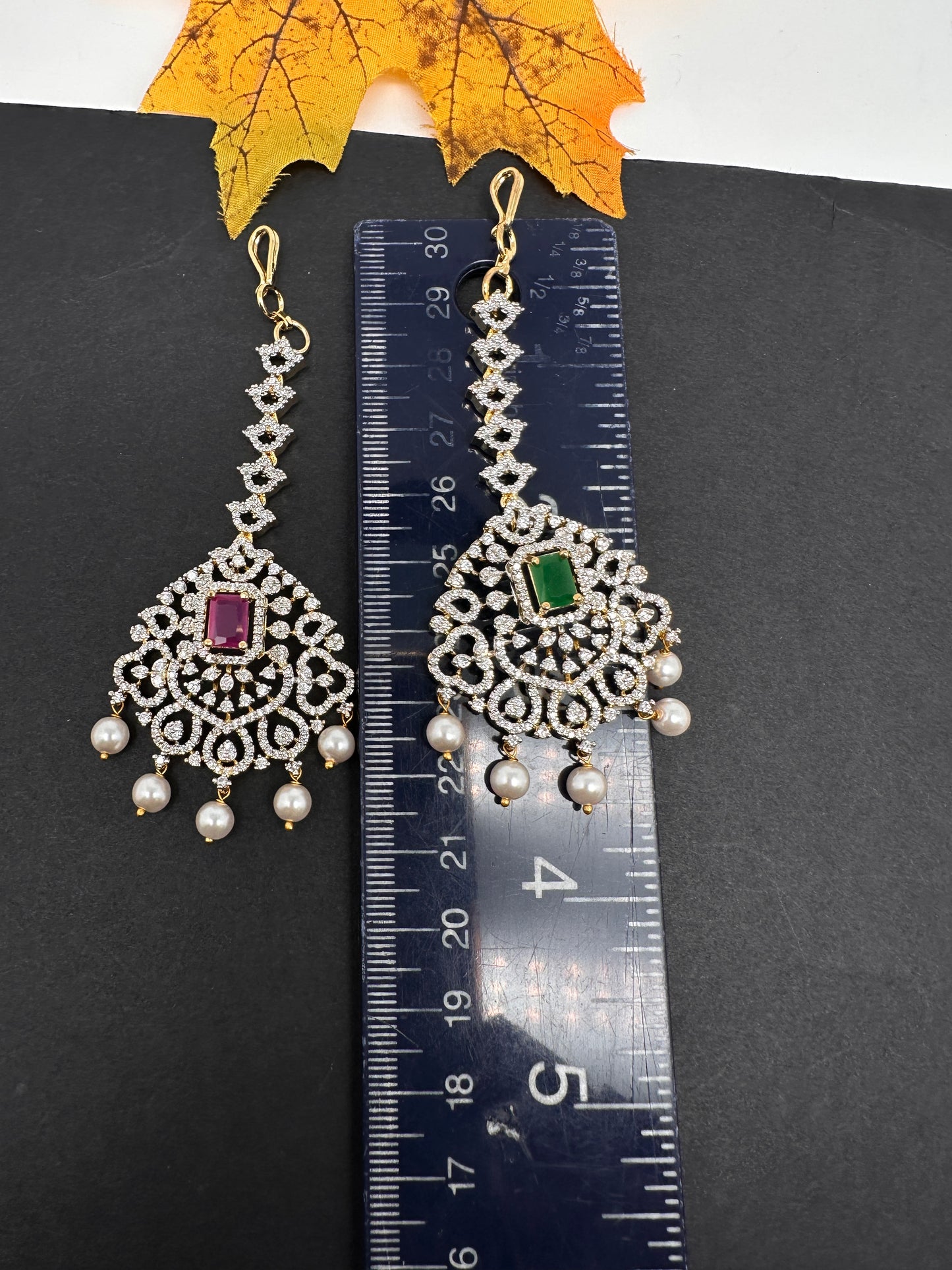 Diamond Finish Color Stone Maangteeka - Red