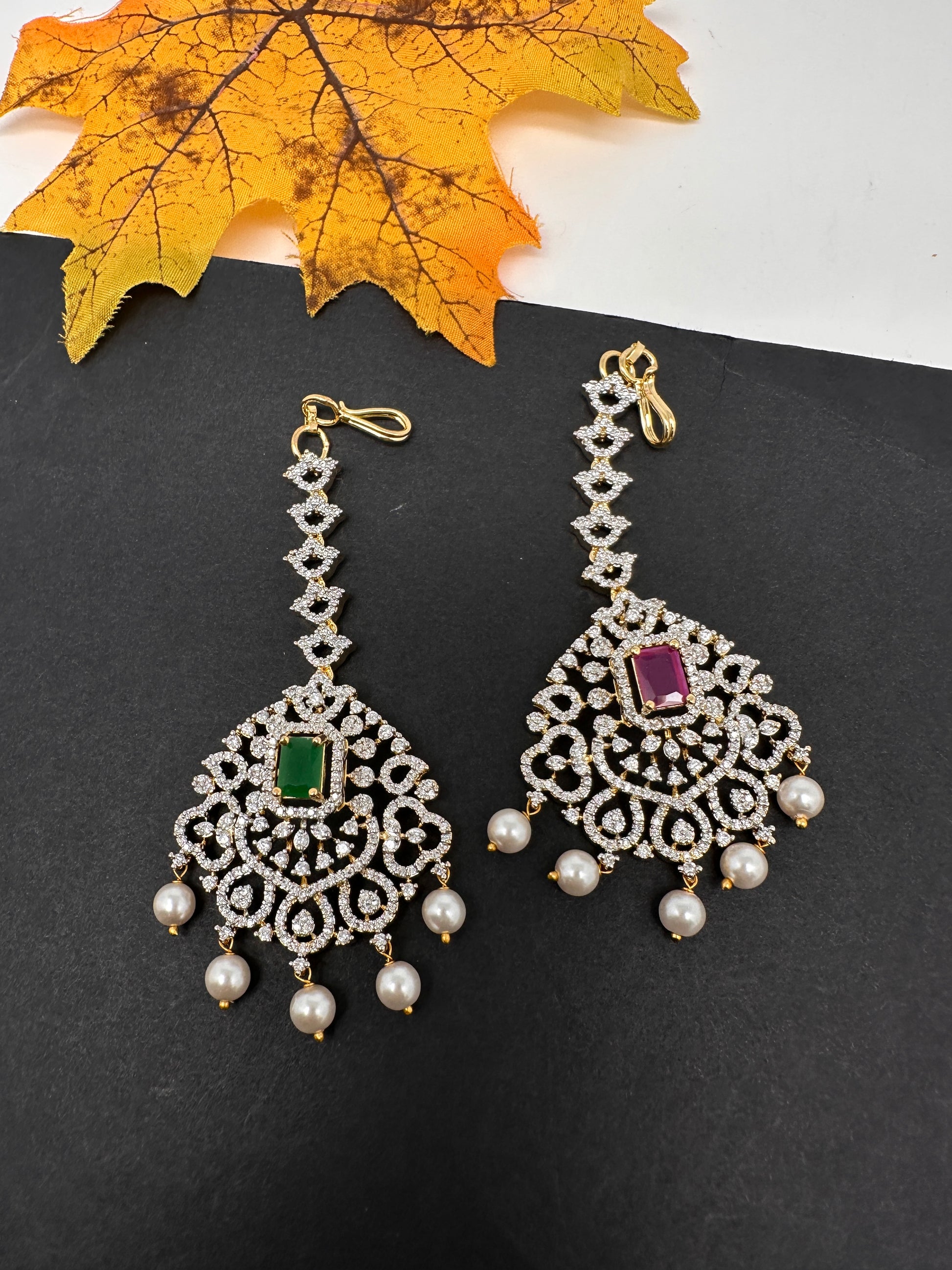 Diamond Finish Color Stone Maangteeka - Red