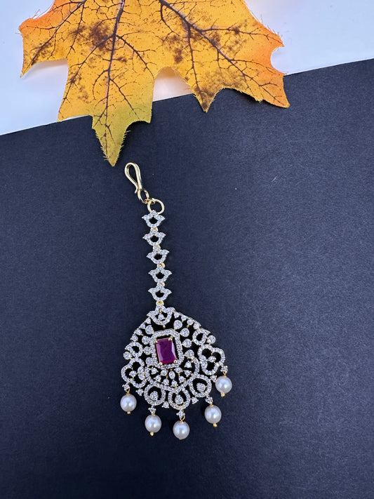Diamond Finish Color Stone Maangteeka - Red
