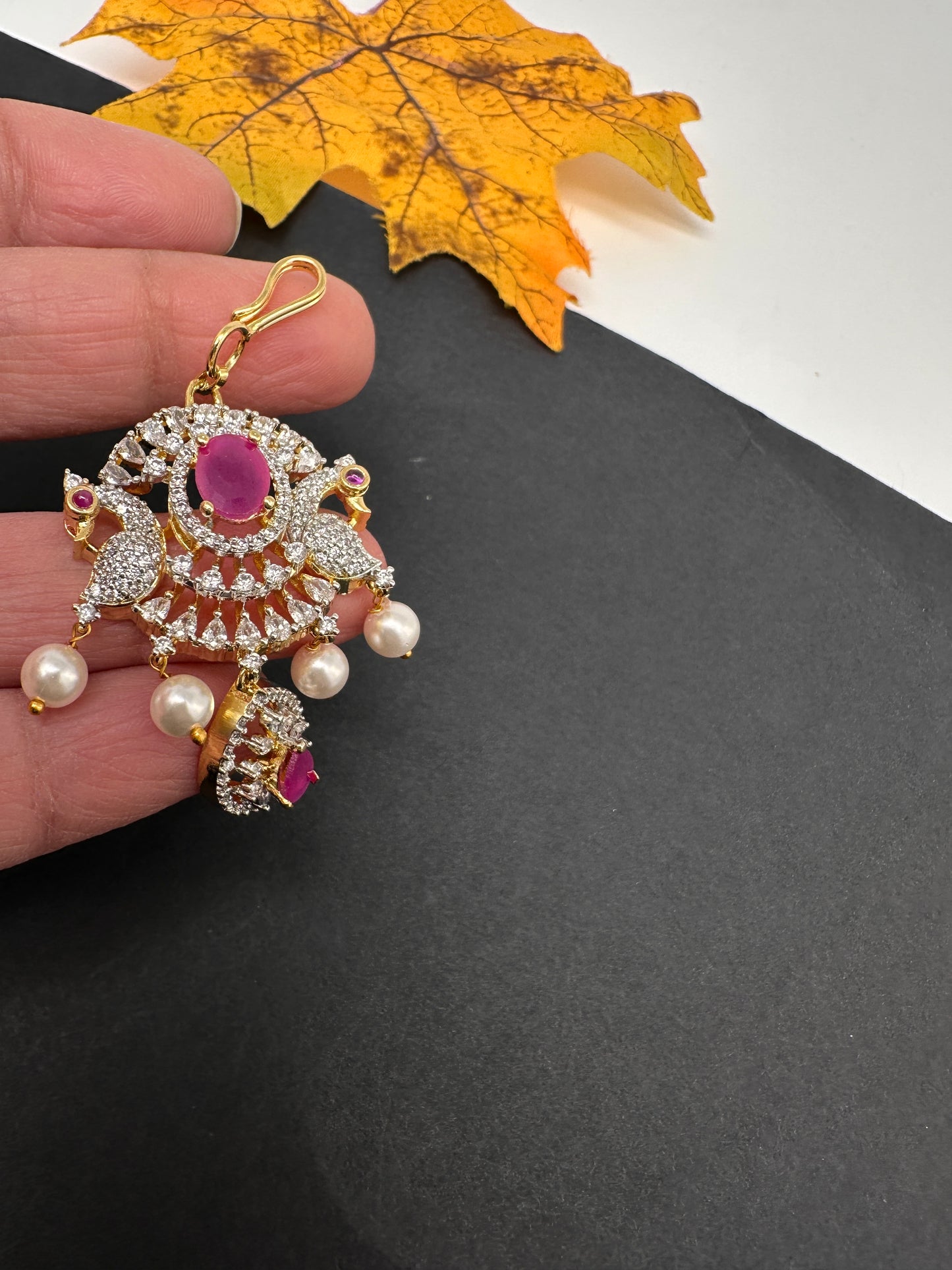 Diamond Finish Color Stone Maangteeka - Red
