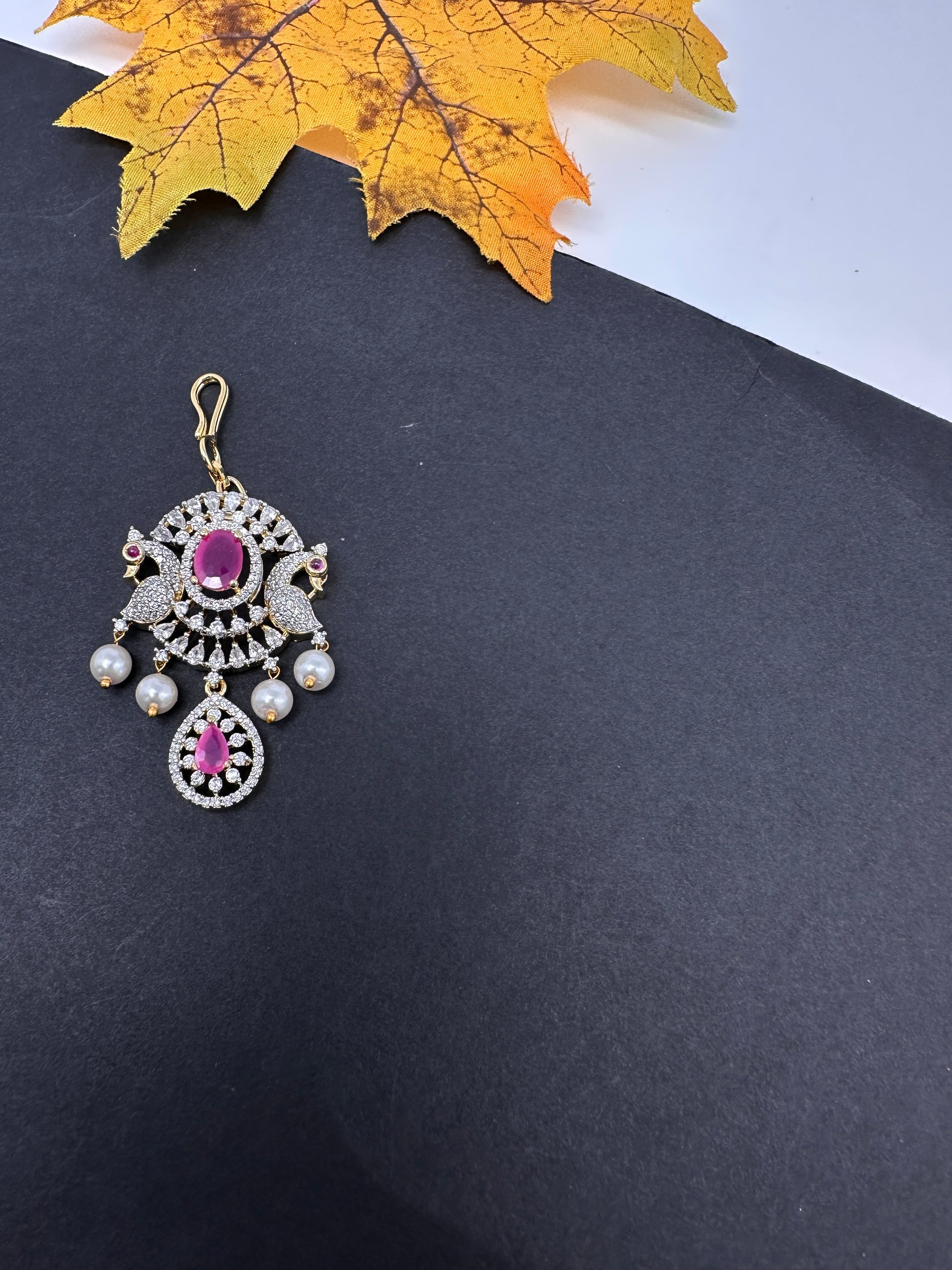 Diamond Finish Color Stone Maangteeka - Red