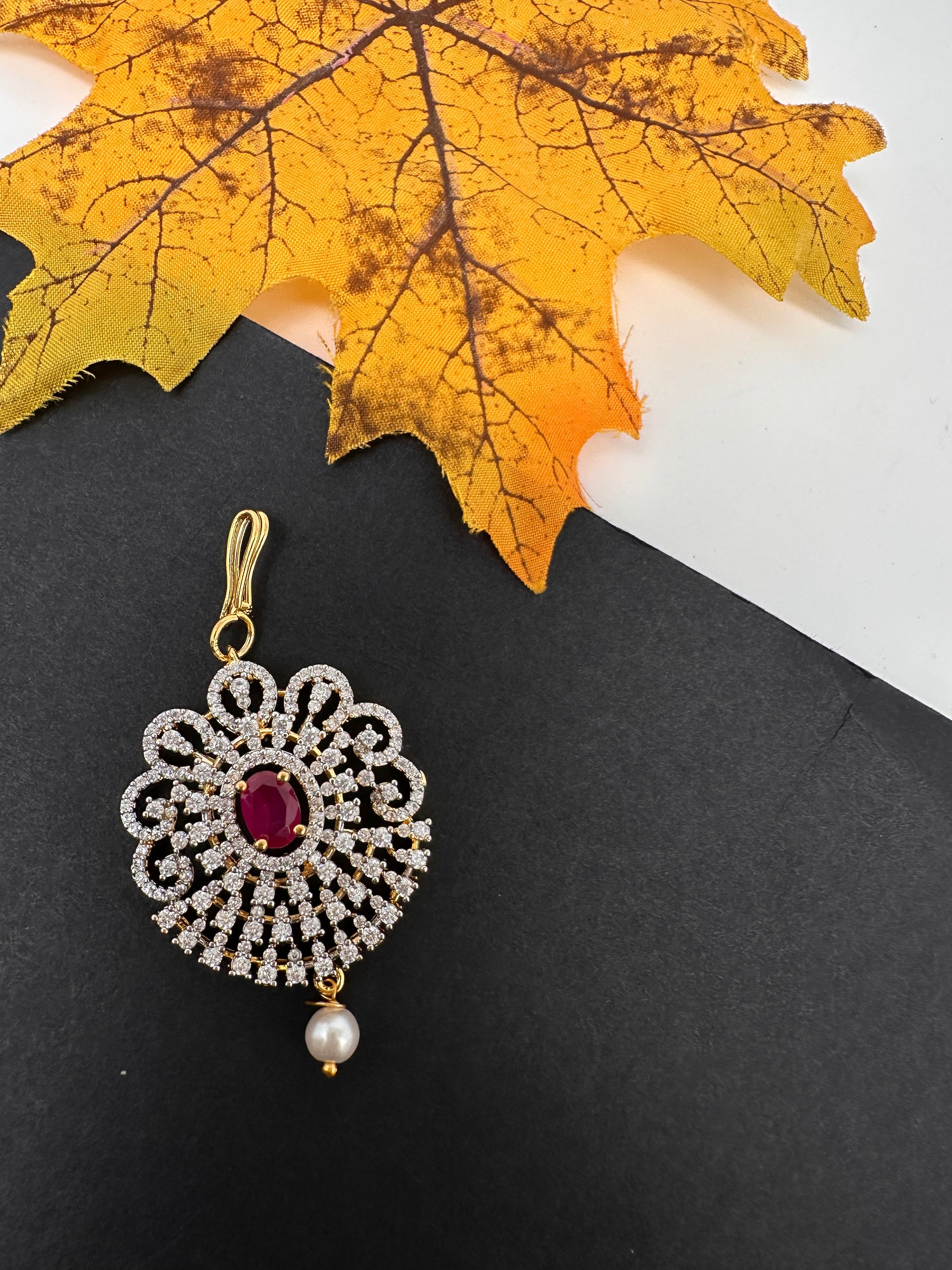 Diamond Finish Color Stone Maangteeka - Red