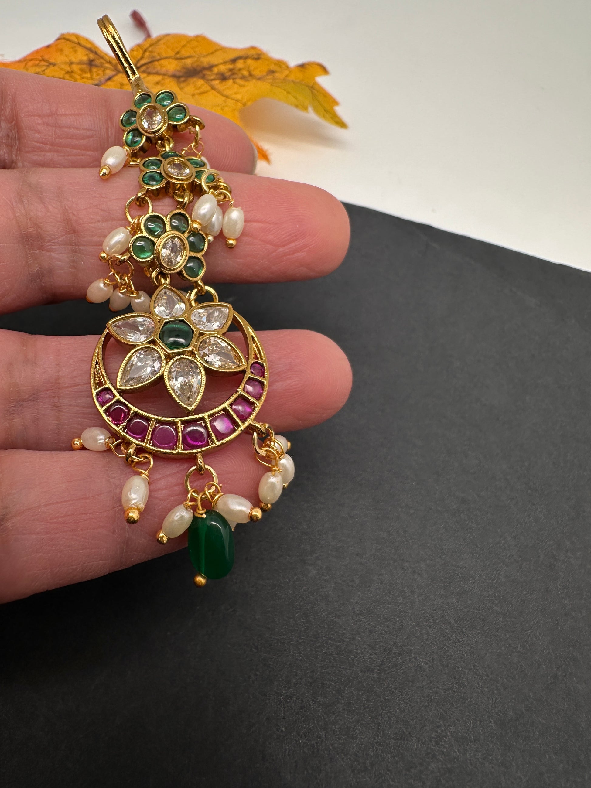 Matte Green CZ Kemp Maang Tikka - 