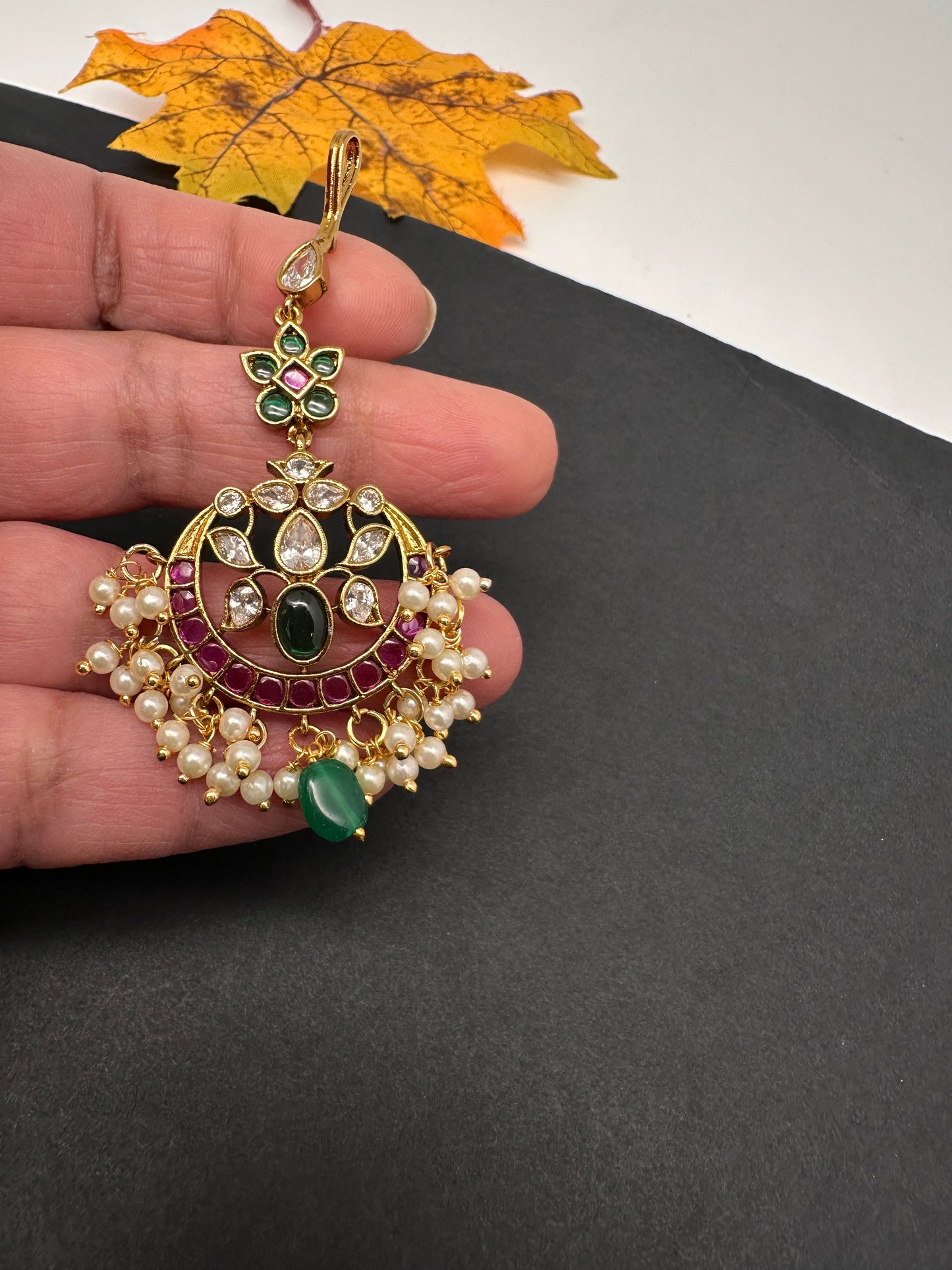 Matte Green CZ Kemp Maang Tikka - 