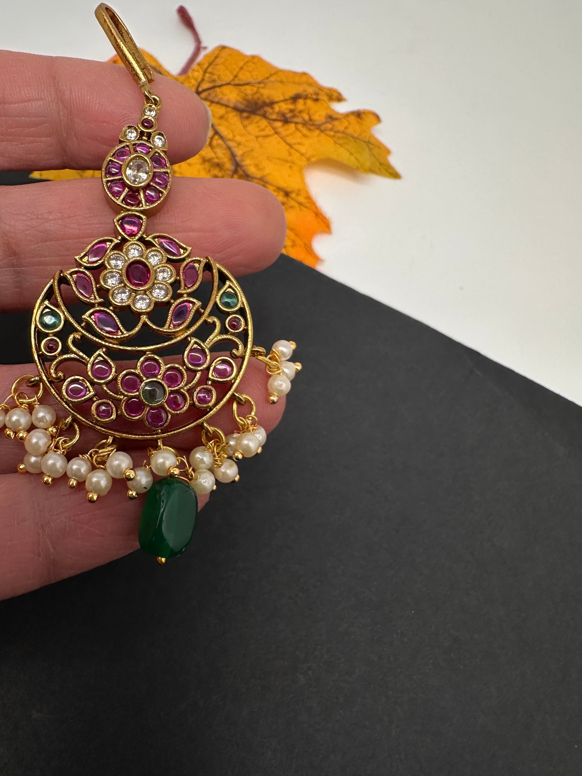 Matte Green CZ Kemp Maang Tikka - 