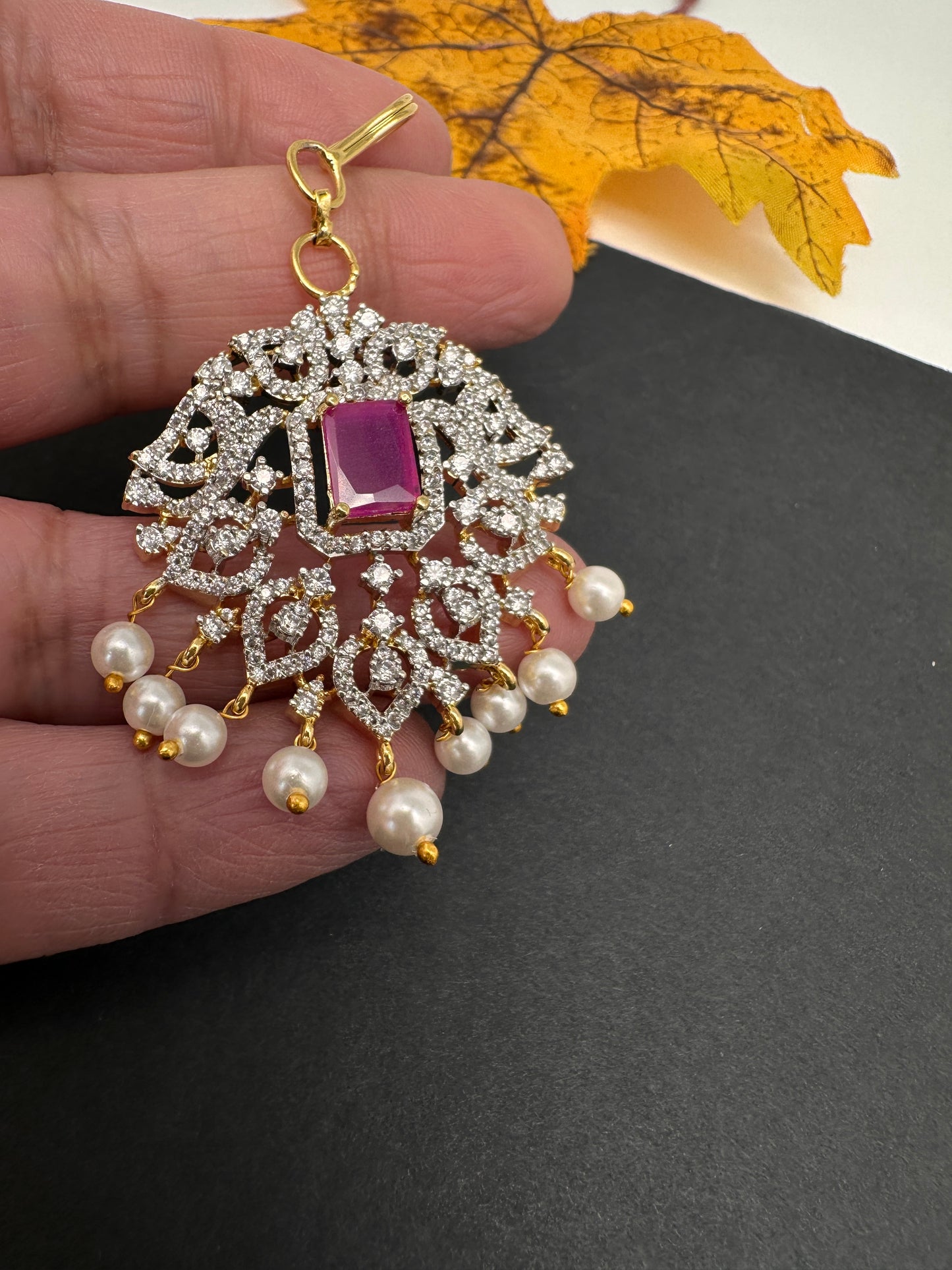 Diamond Finish Color Stone Maangteeka - Red