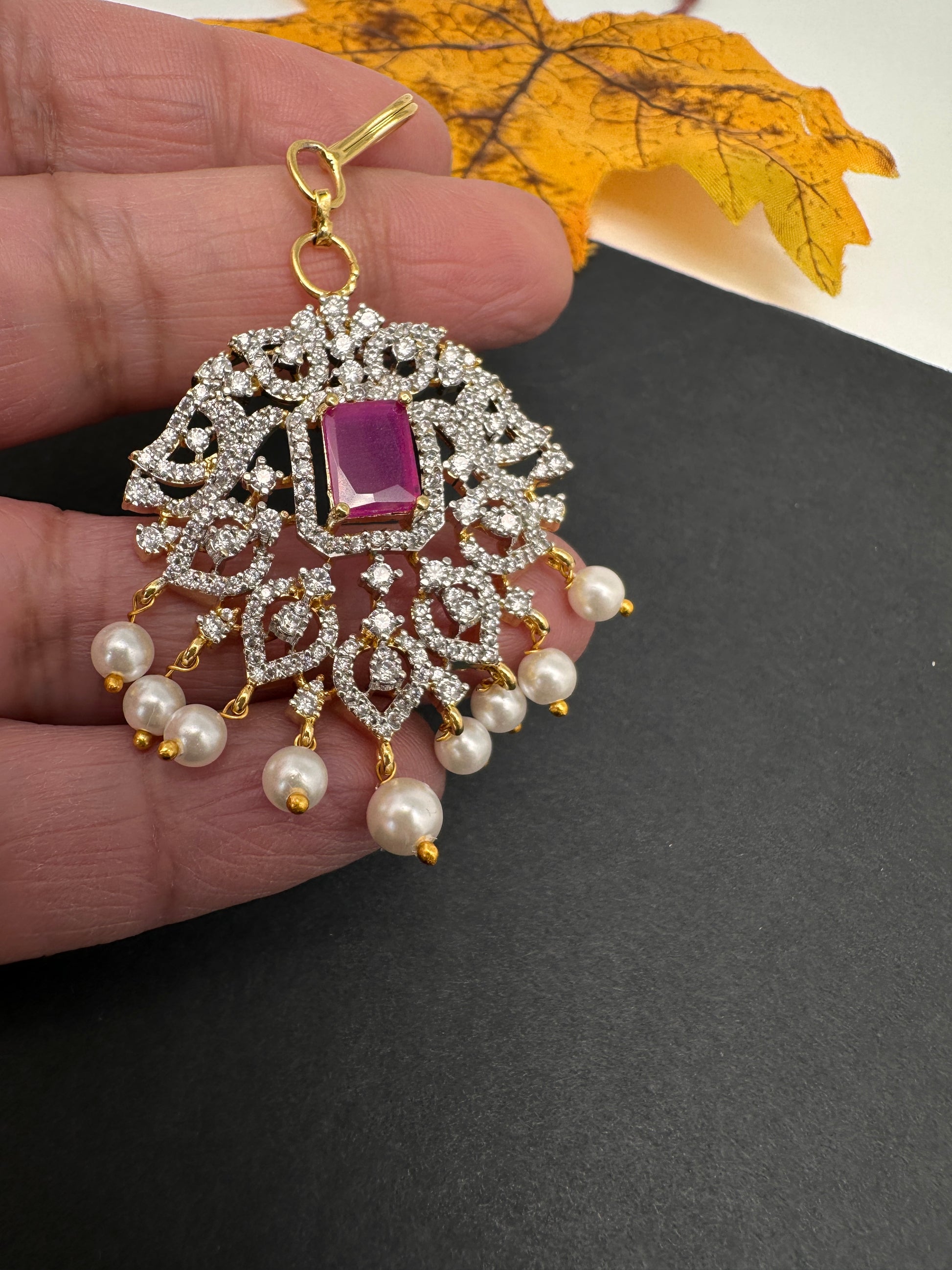 Diamond Finish Color Stone Maangteeka - Red
