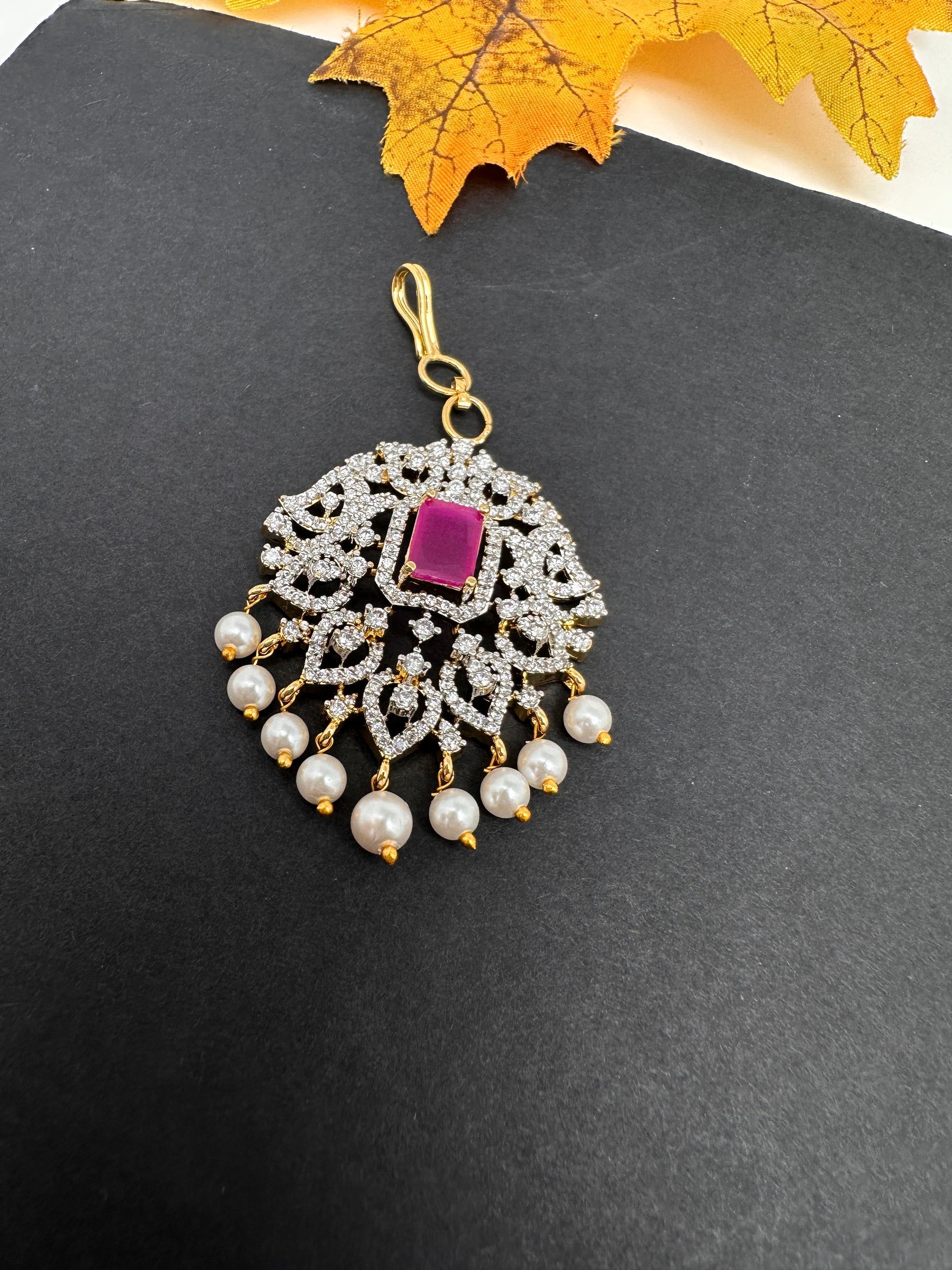 Diamond Finish Color Stone Maangteeka - Red