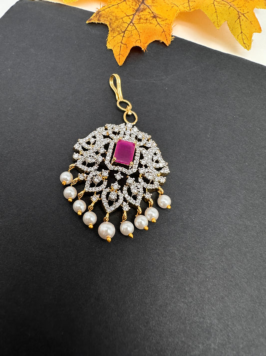 Diamond Finish Color Stone Maangteeka - Red