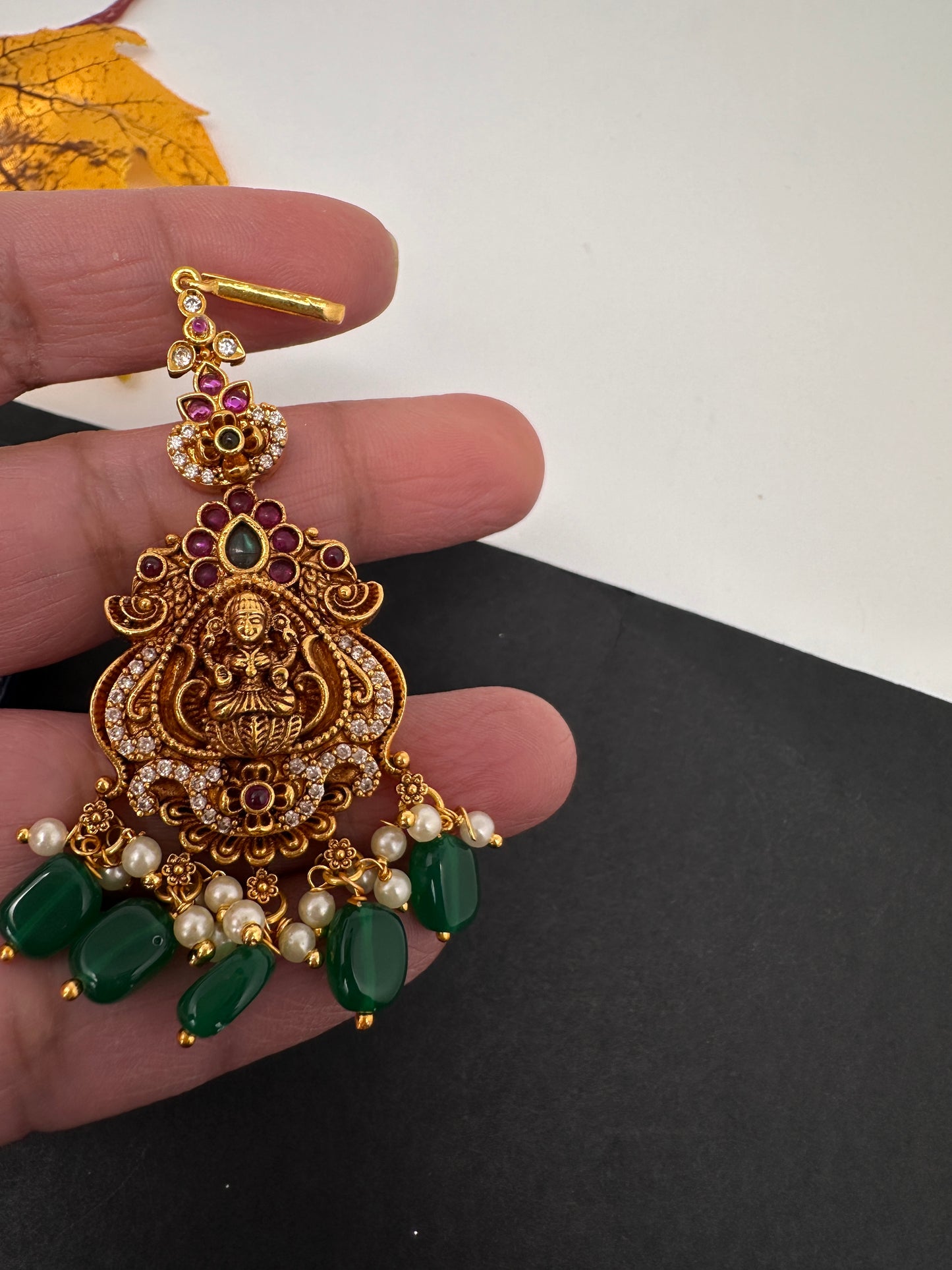Matte Goddess Lakshmi Color Stone Maangteeka - Green