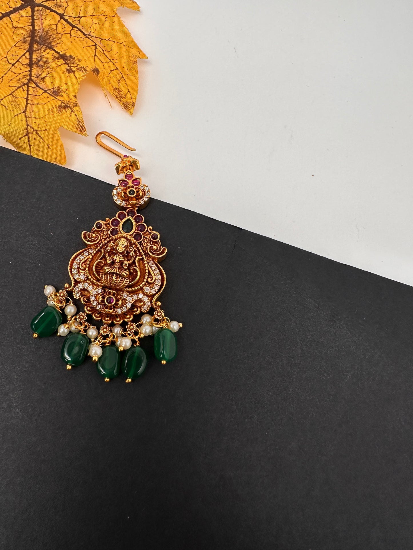 Matte Goddess Lakshmi Color Stone Maangteeka - Green