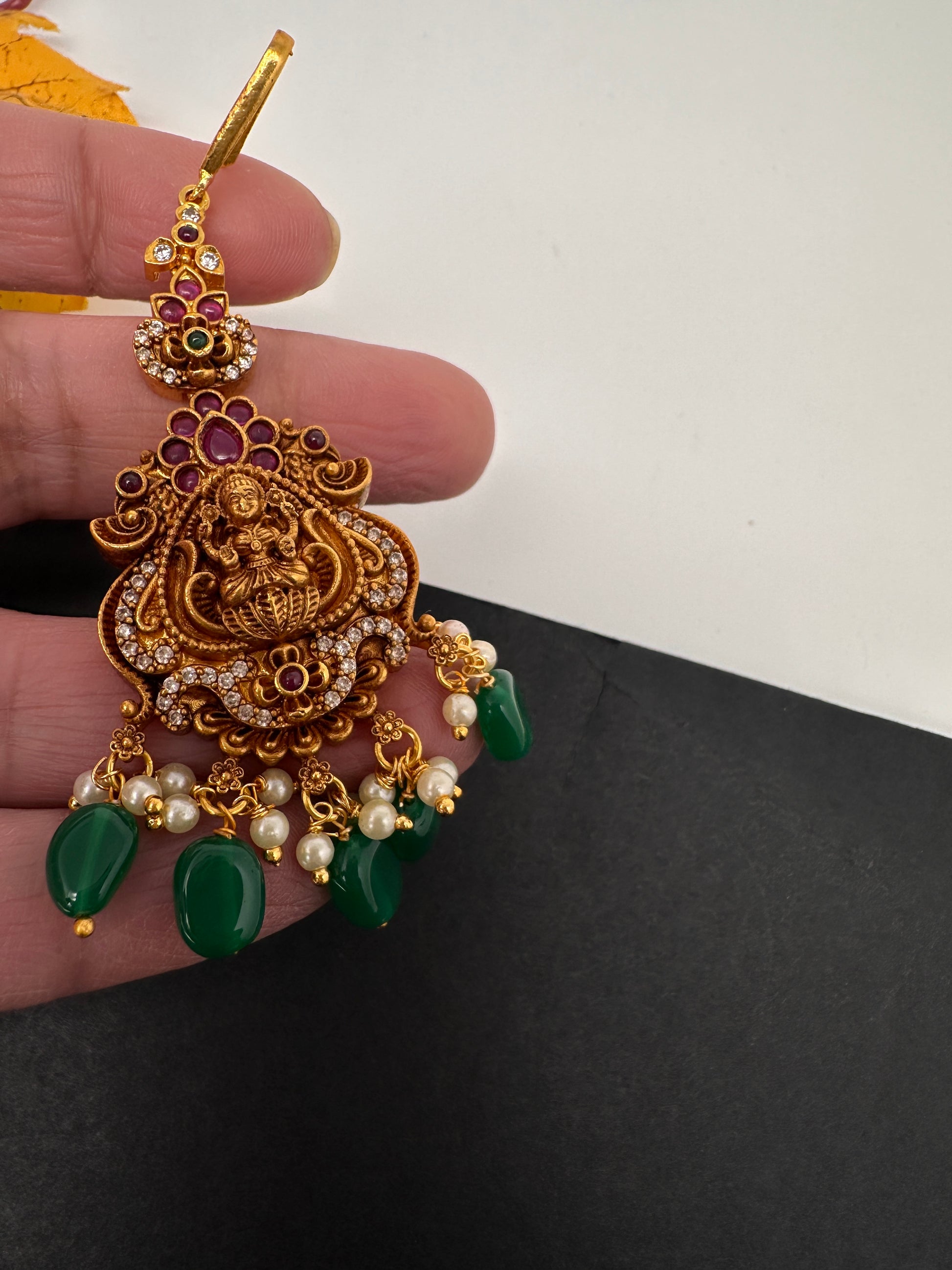 Matte Goddess Lakshmi Color Stone Maangteeka - Red