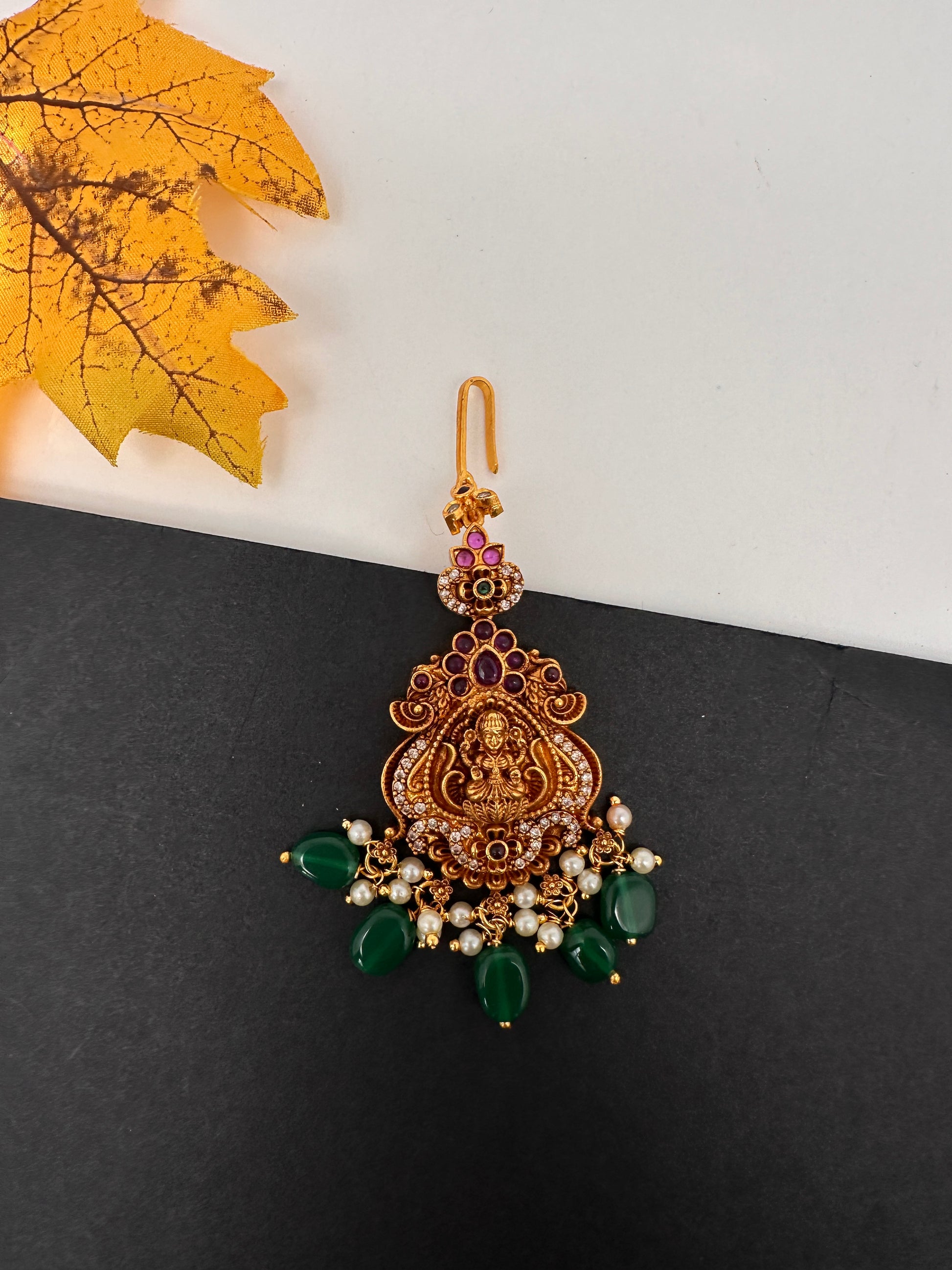 Matte Goddess Lakshmi Color Stone Maangteeka - Red