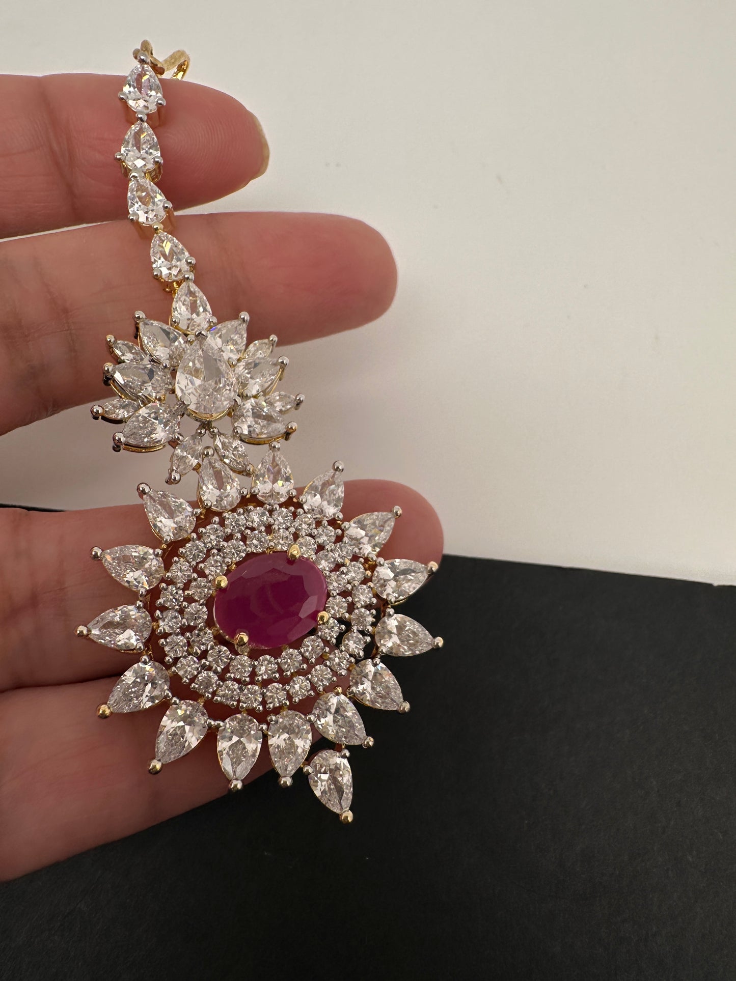 Diamond Finish  Maang tikka - Red