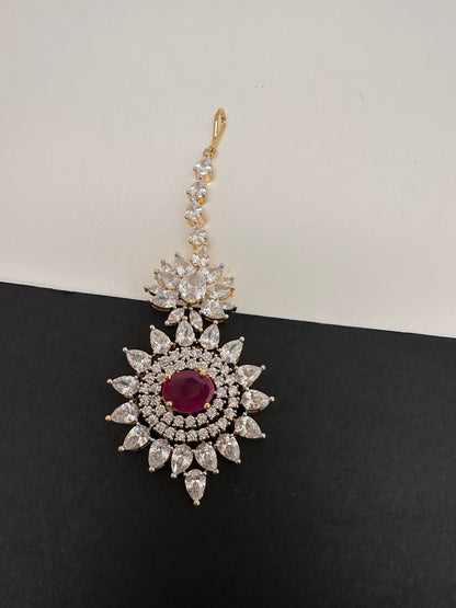 Diamond Finish  Maang tikka - Red