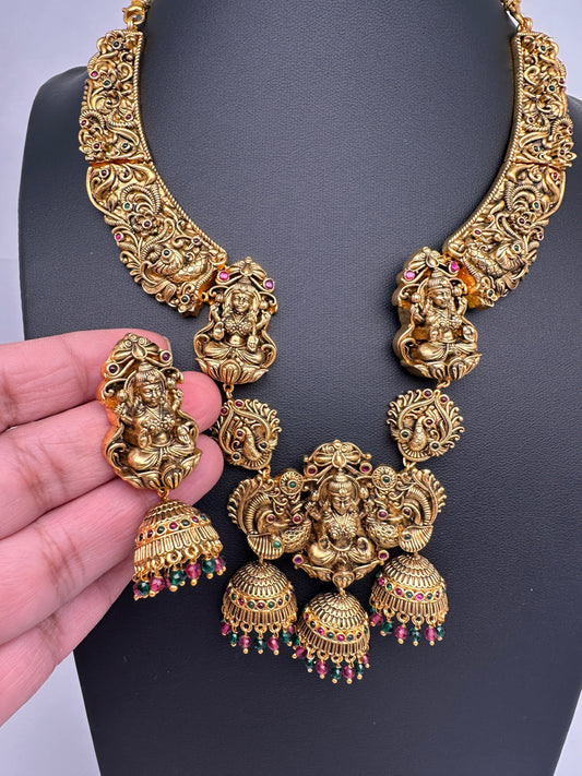 Goddess Lakshmi Nakshi Matte Antique Finish Short Necklace Set