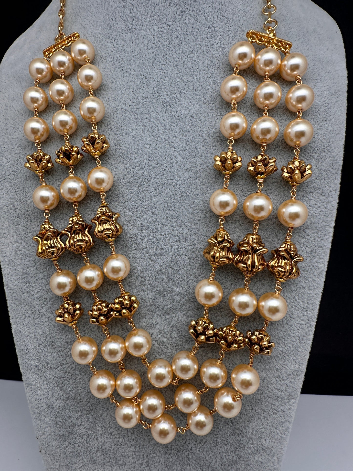Golden Nakshi Ball Pearls Triple Layer Necklace
