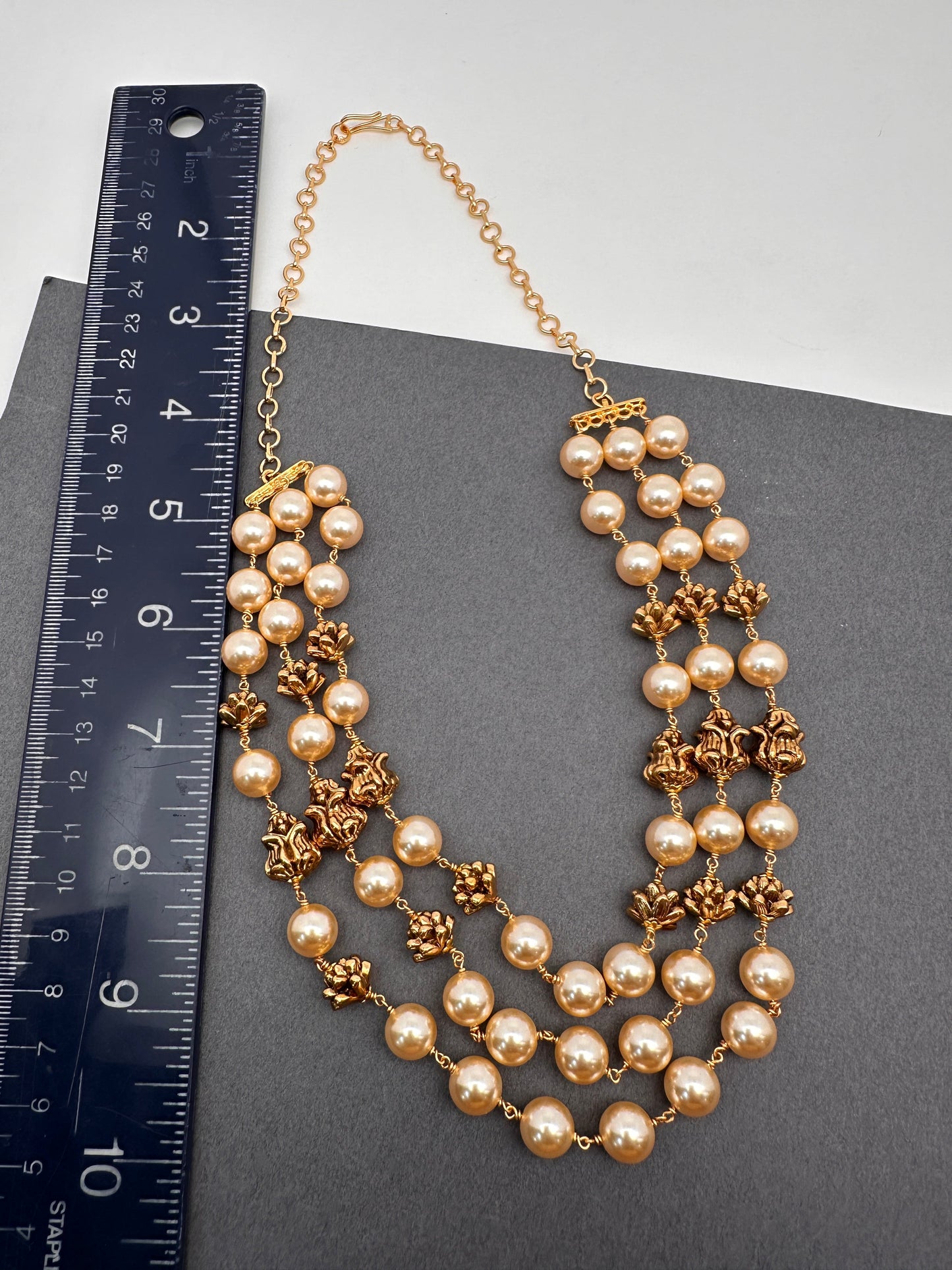 Golden Nakshi Ball Pearls Triple Layer Necklace