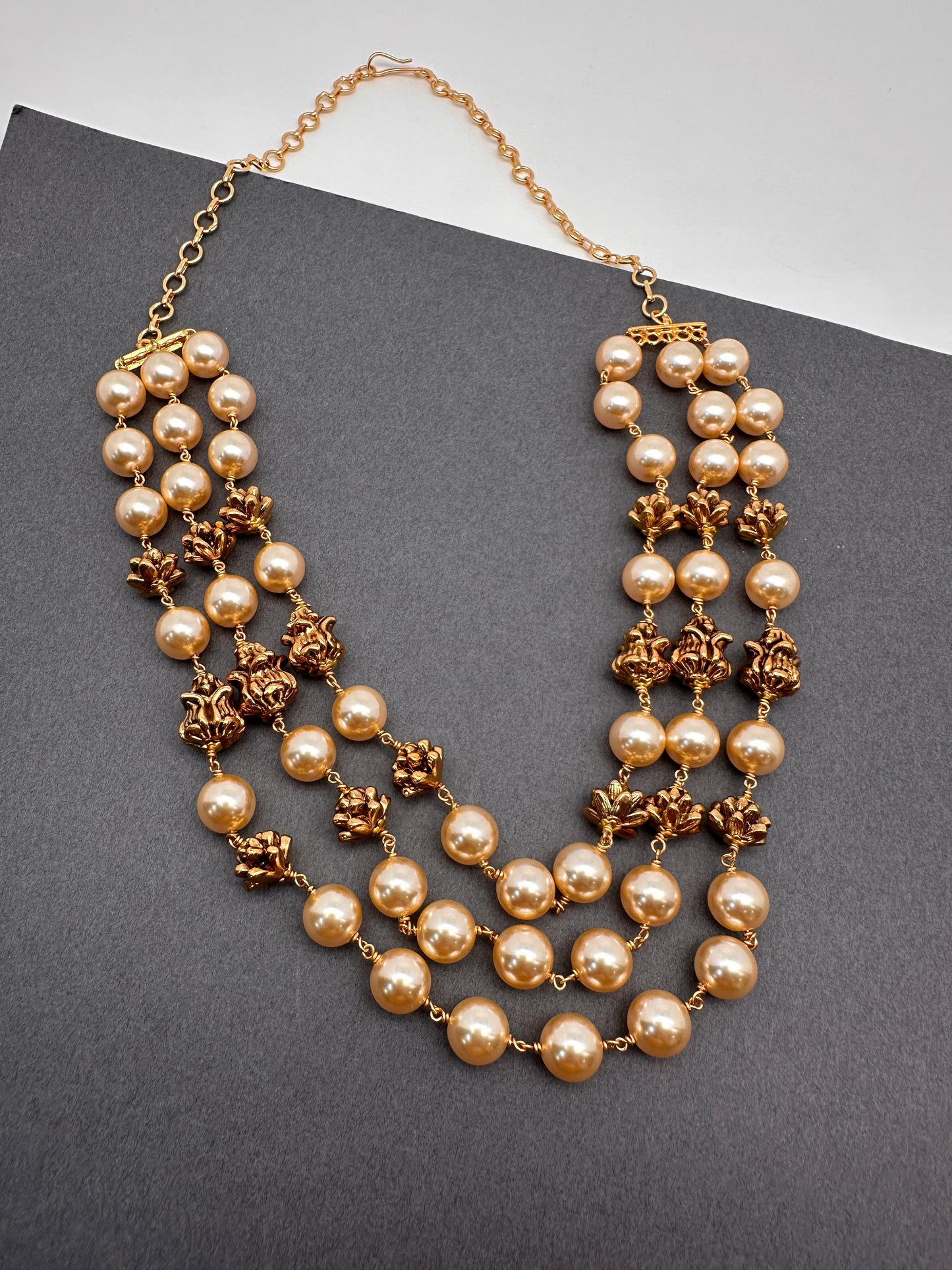 Golden Nakshi Ball Pearls Triple Layer Necklace